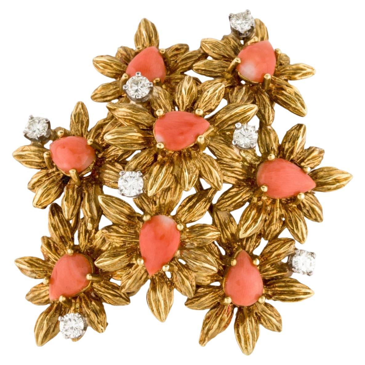 1950’s 18k Gold Coral Diamond Floral Brooch