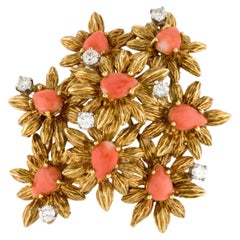 Vintage 1950’s 18k Gold Coral Diamond Floral Brooch