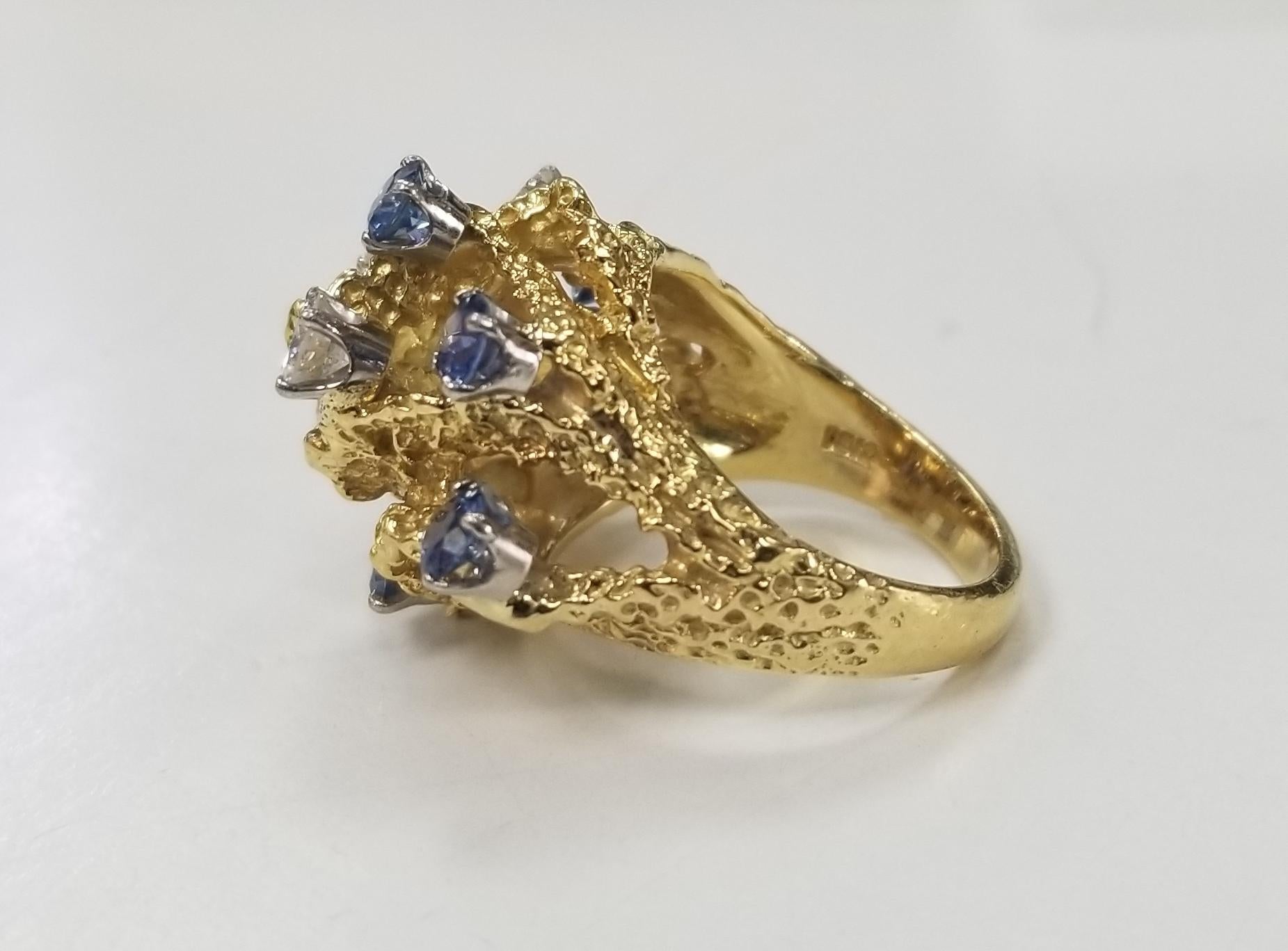 Artisan 1950s 18 Karat Yellow Gold Diamond and Sapphire Freeform Ring