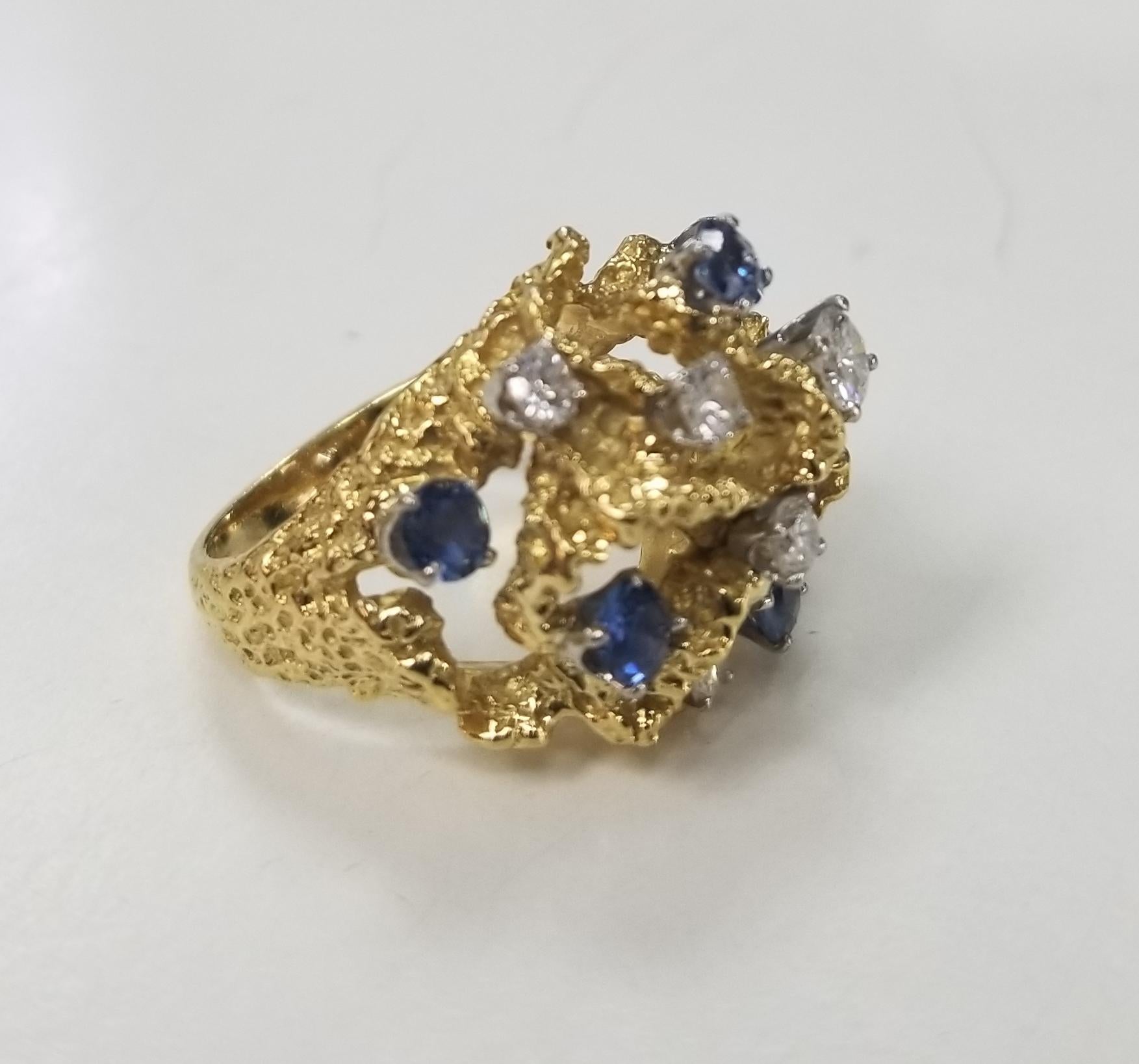 Round Cut 1950s 18 Karat Yellow Gold Diamond and Sapphire Freeform Ring