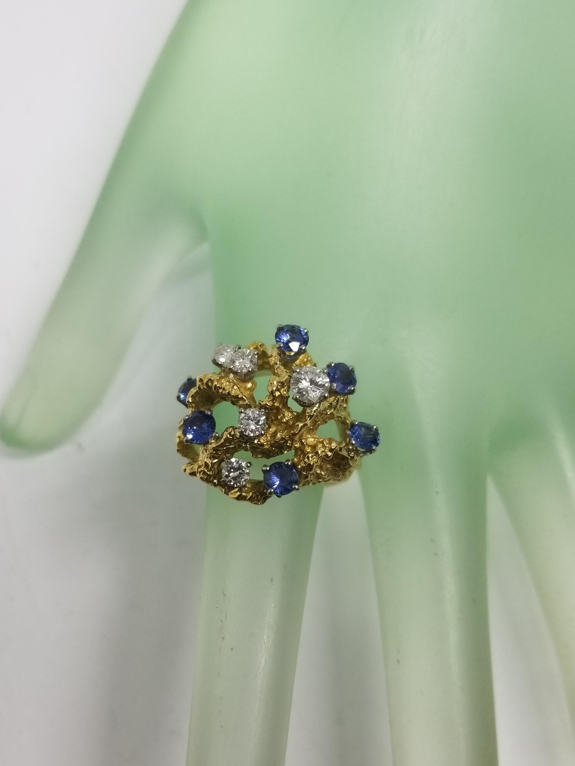Women's 1950s 18 Karat Yellow Gold Diamond and Sapphire Freeform Ring