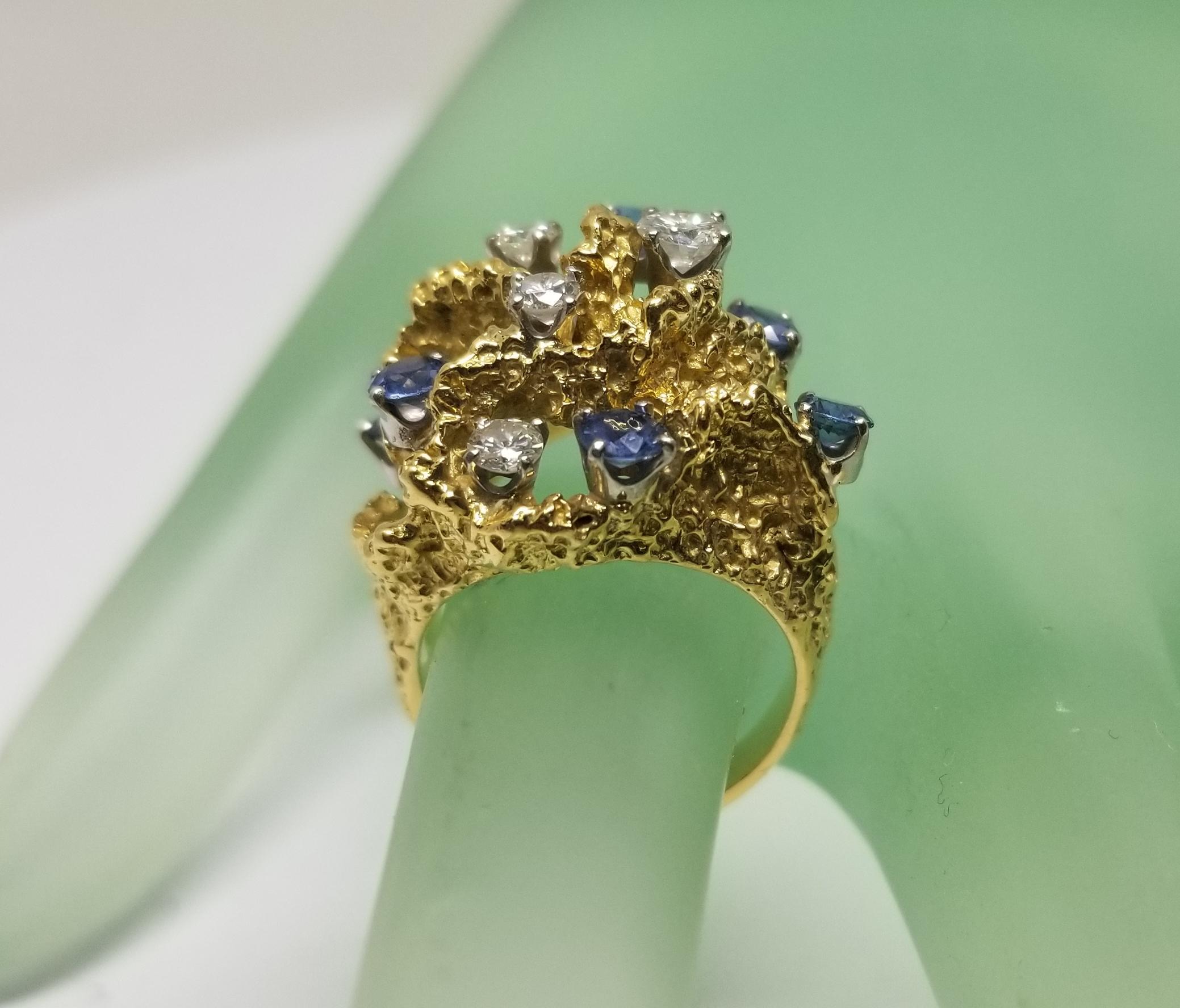 1950s 18 Karat Yellow Gold Diamond and Sapphire Freeform Ring 1