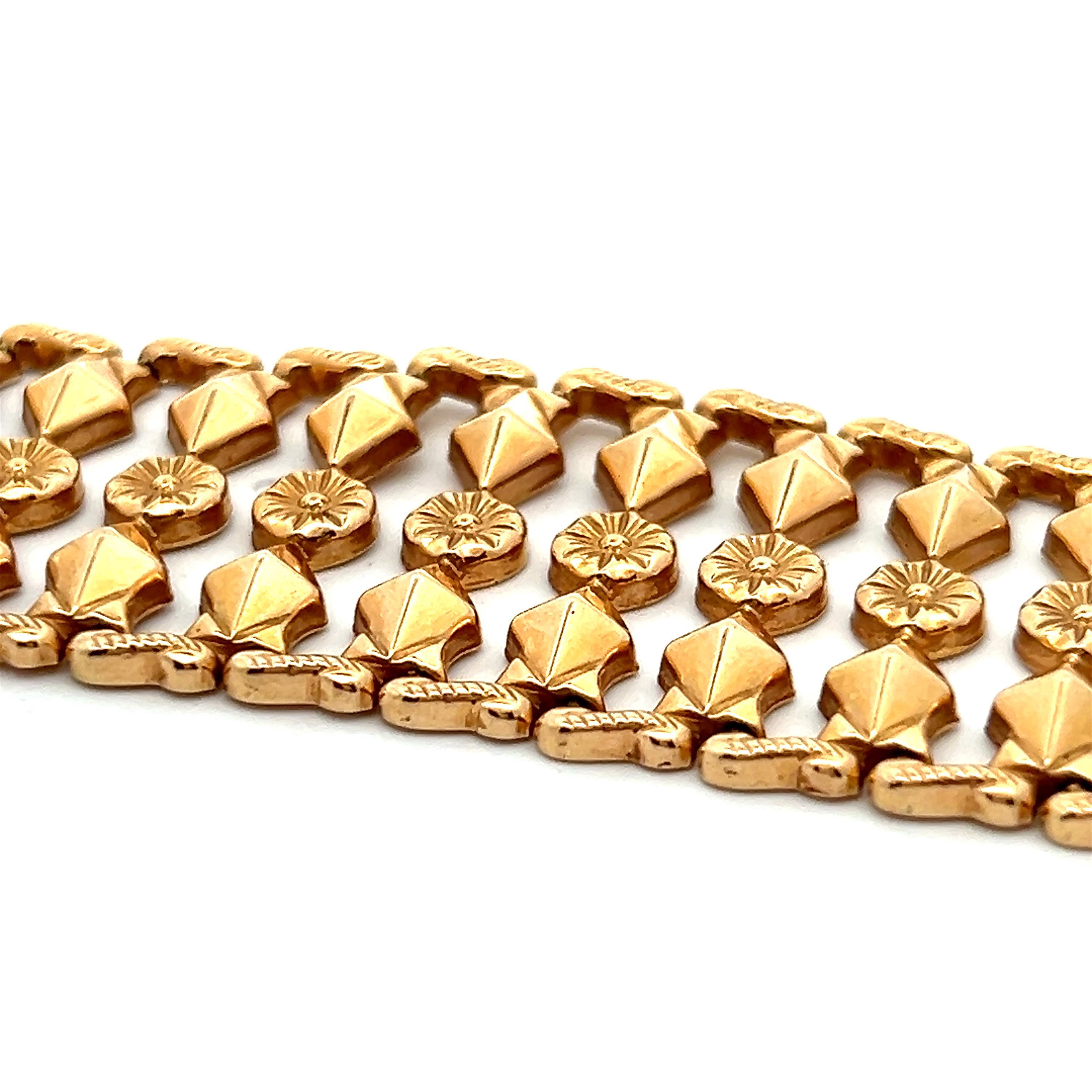 Bracciale italiano a maglie fantasia in oro giallo 18k del 1950, largo 1 pollice in vendita 2