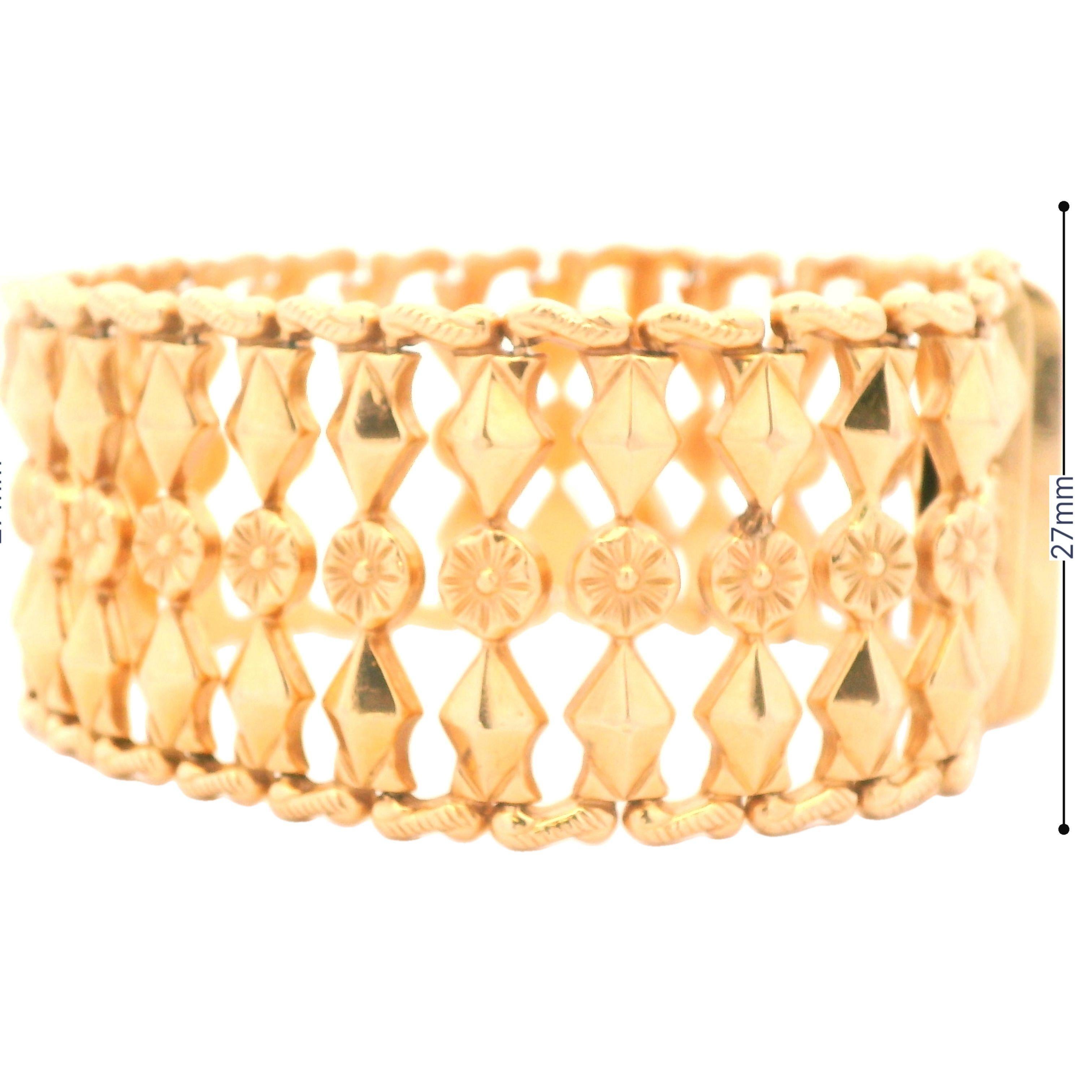Bracciale italiano a maglie fantasia in oro giallo 18k del 1950, largo 1 pollice in vendita 5
