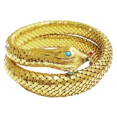1950s, 18k Yellow Gold Snake Serpent Flexible Bangle Bracelet