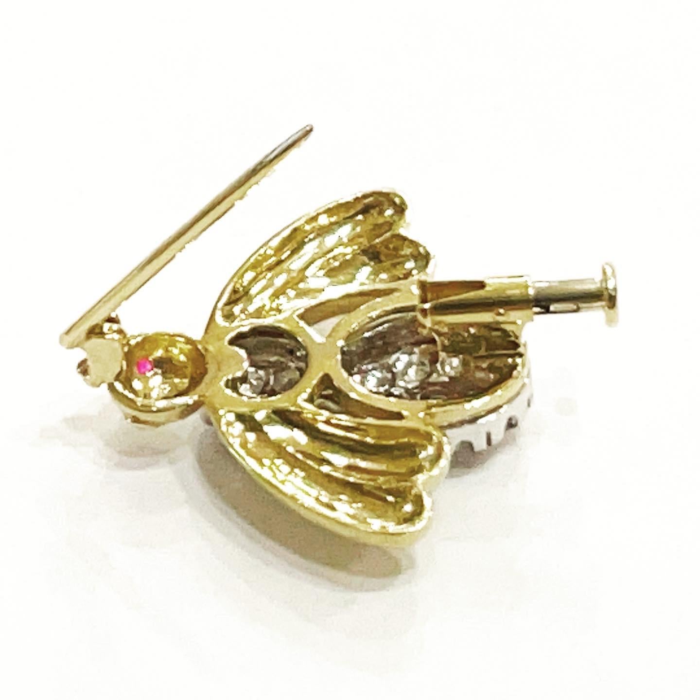 Brilliant Cut 1950s 18k Yellow & White Gold, Pavé Setting Diamond Ruby Brooch For Sale