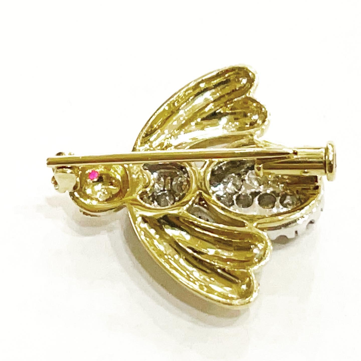 1950s 18k Yellow & White Gold, Pavé Setting Diamond Ruby Brooch For Sale 2