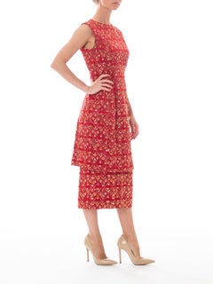 1960S Red Silk Satin Cocktail Dress Covered In Medieval Style Metallic Gold Emb