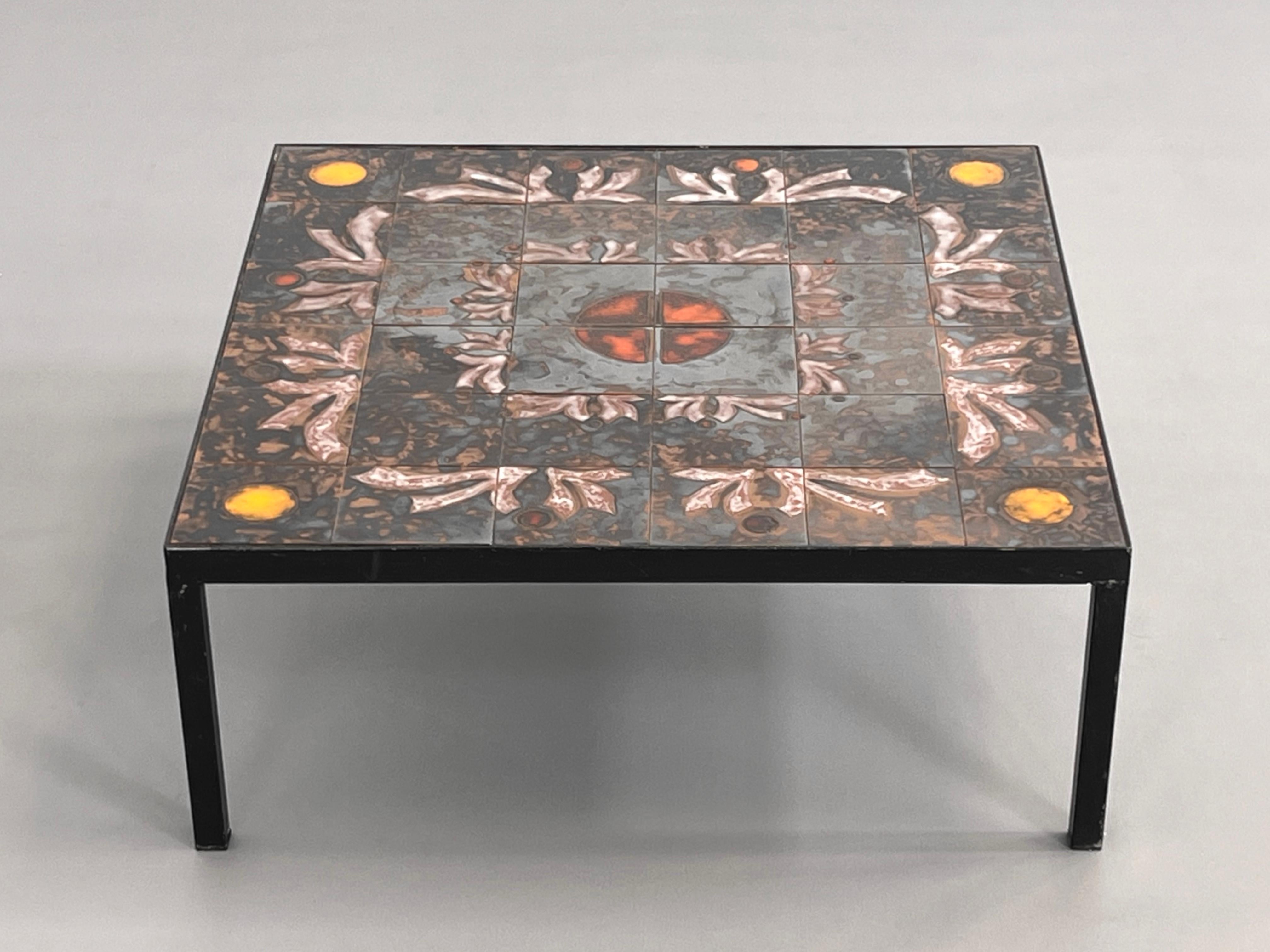 European 1950s 1960s Black Metal Base and Ceramic Tray Large Square Coffee Table