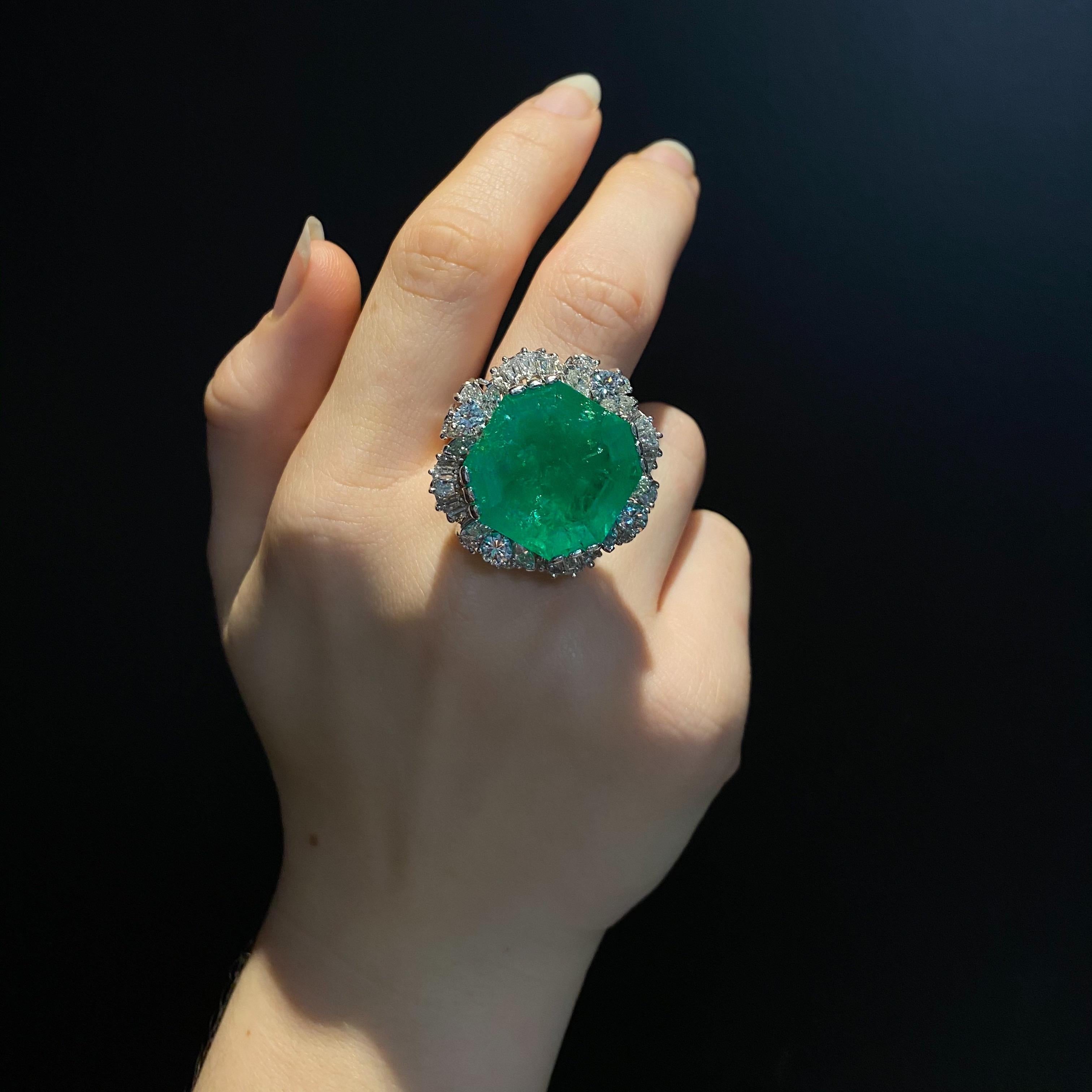 Modern Certified 37.50 Carat Colombian Emerald Diamond Cocktail Ring White Gold