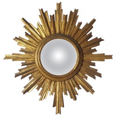1950s-1960s Decorative Gold Leafed, Sunburst Framed, Small Convex Mirror