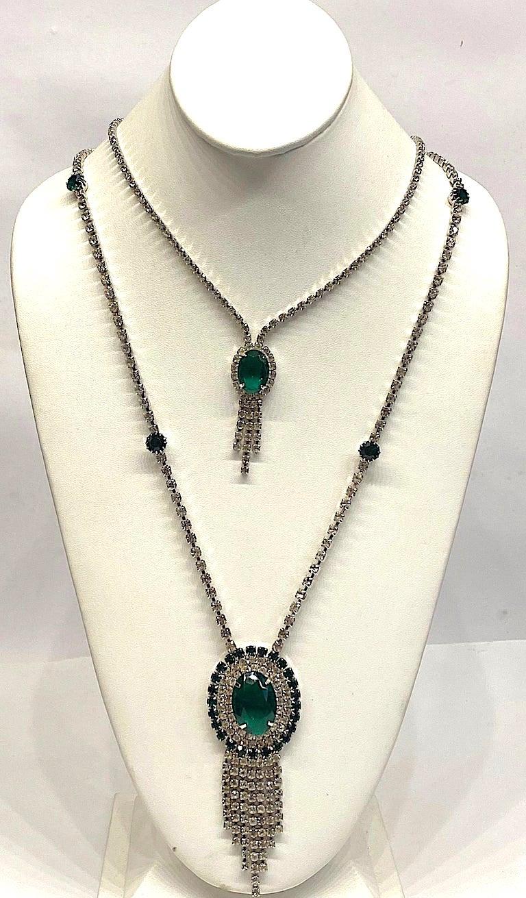 1950s / 1960s Emerald Green Crystal & Rhinestone Double Pendant Necklace 13