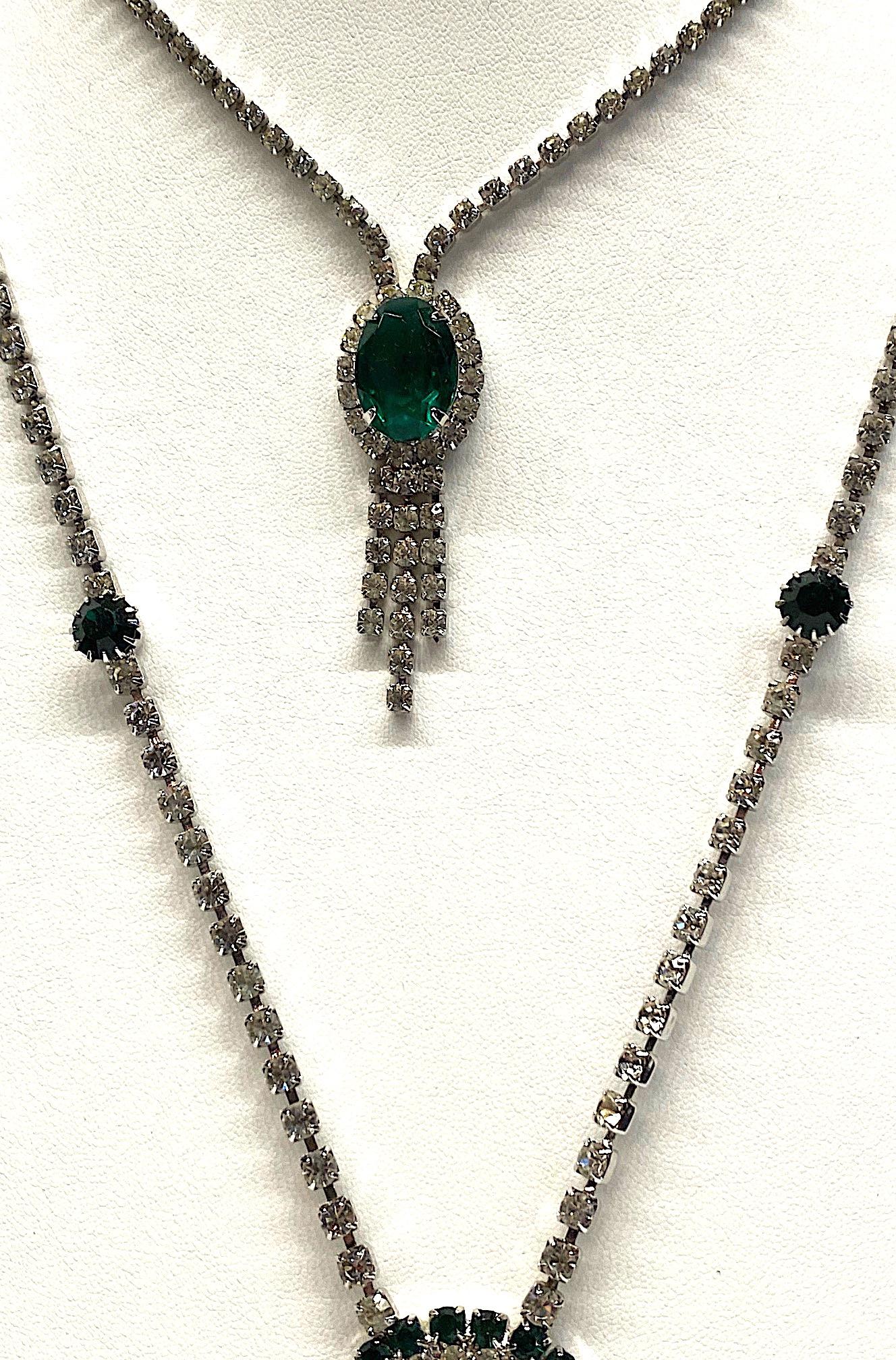 Women's 1950s / 1960s Emerald Green Crystal & Rhinestone Double Pendant Necklace