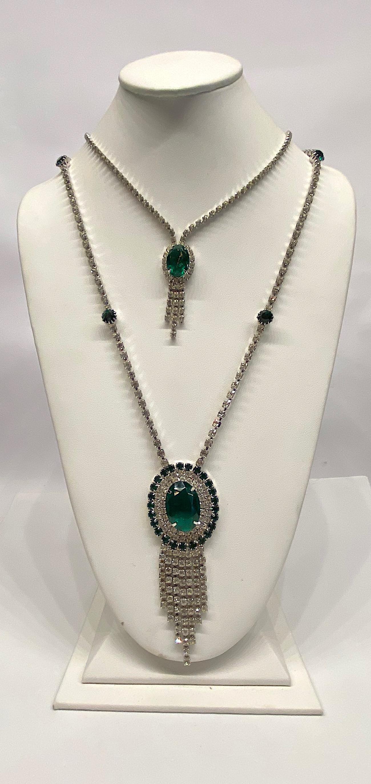 1950s / 1960s Emerald Green Crystal & Rhinestone Double Pendant Necklace 1