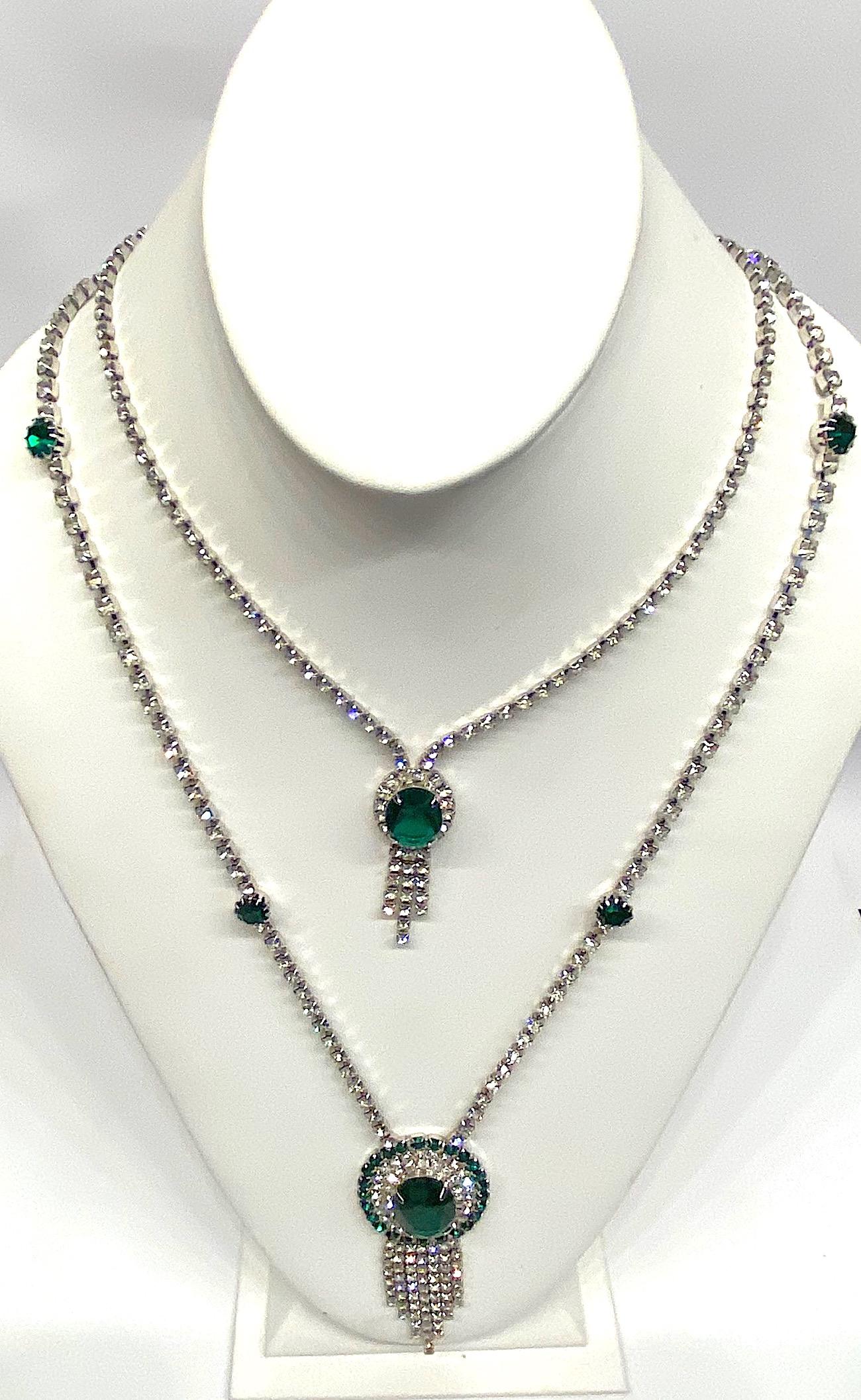 1950s / 1960s Emerald Green Crystal & Rhinestone Double Pendant Necklace 2