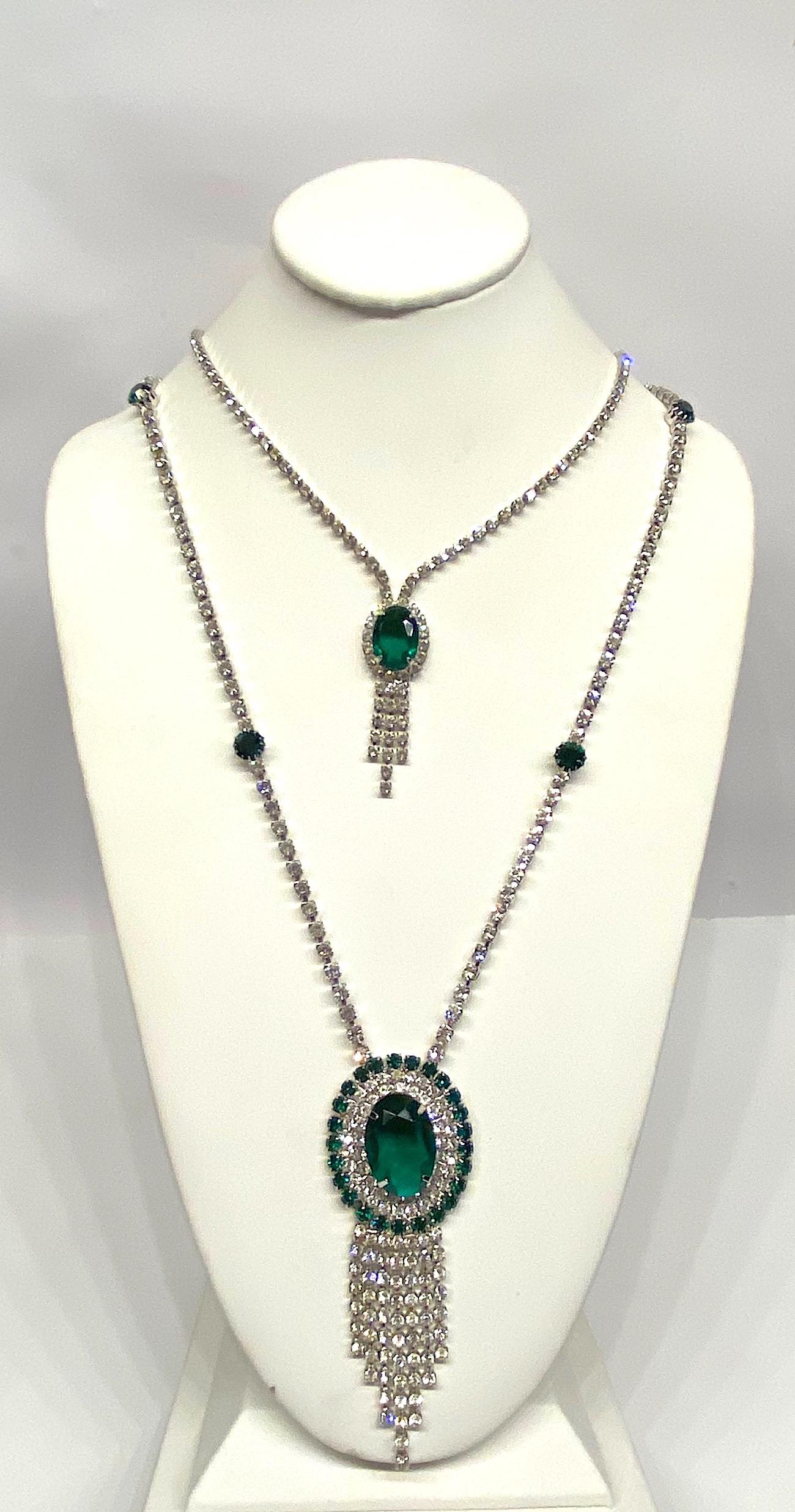 1950s / 1960s Emerald Green Crystal & Rhinestone Double Pendant Necklace 3