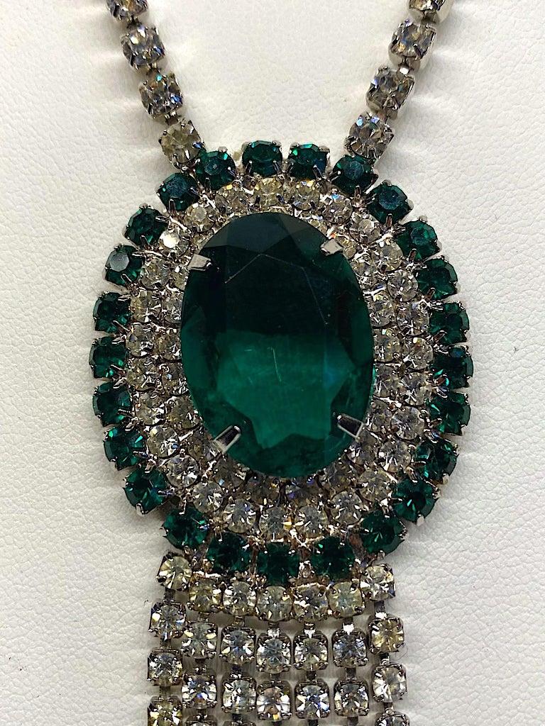 1950s / 1960s Emerald Green Crystal & Rhinestone Double Pendant Necklace 4