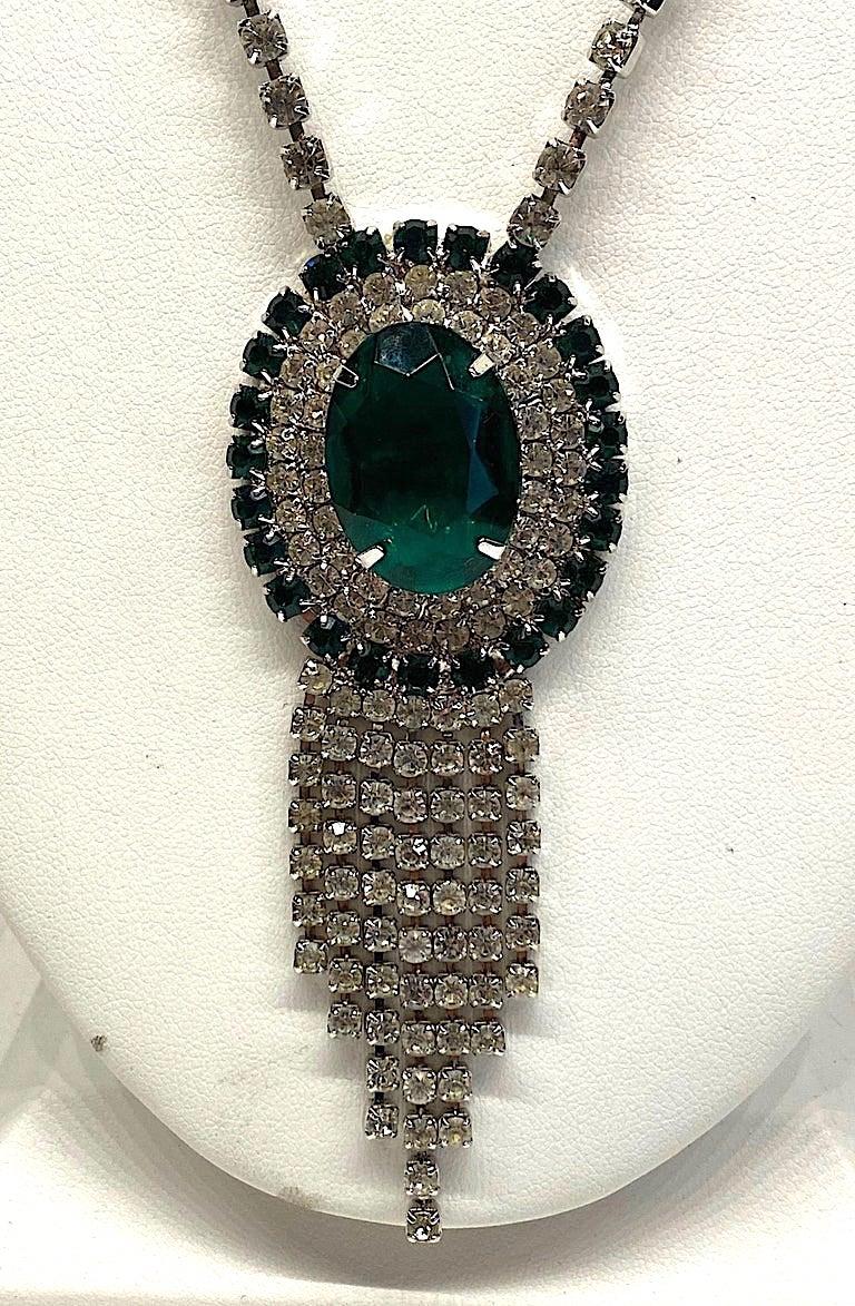 1950s / 1960s Emerald Green Crystal & Rhinestone Double Pendant Necklace 5