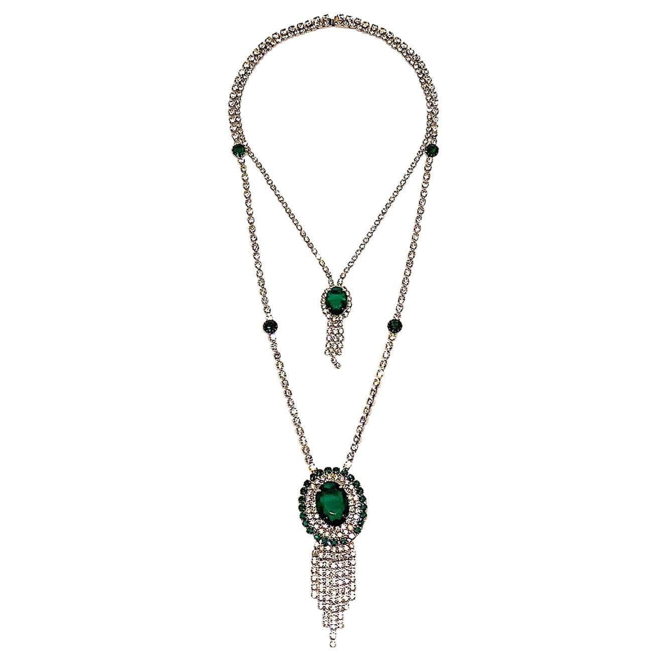 1950s / 1960s Emerald Green Crystal & Rhinestone Double Pendant Necklace