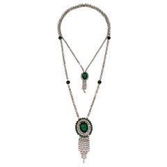 1950s / 1960s Emerald Green Crystal & Rhinestone Double Pendant Necklace