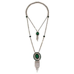 1950s / 1960s Emerald Green Crystal & Rhinestone Double Pendant Necklace