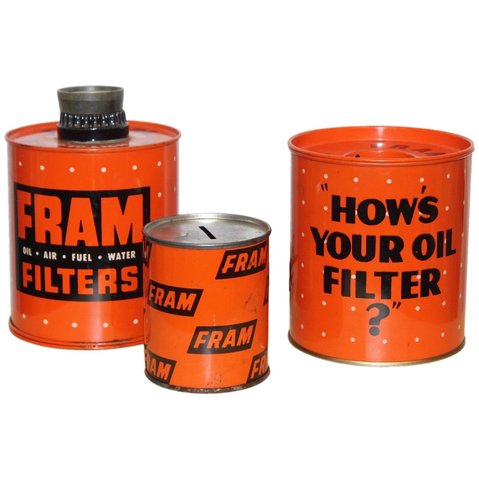 1950s-1960s Fram Oil Filter Cigarette Lighter, Ashtray and Coin Bank For Sale