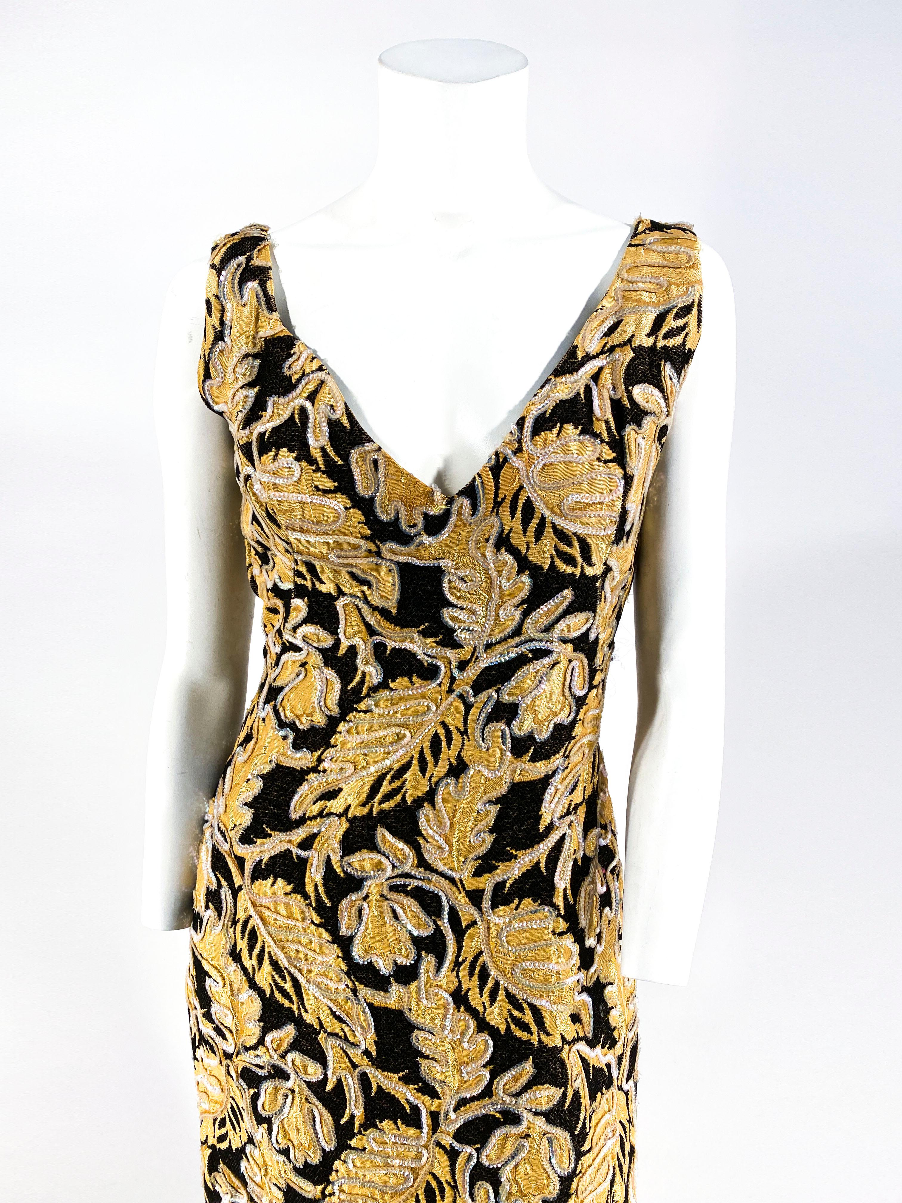 Beige 1950s/1960s Gold and Black Low-back Tapestry Gown For Sale