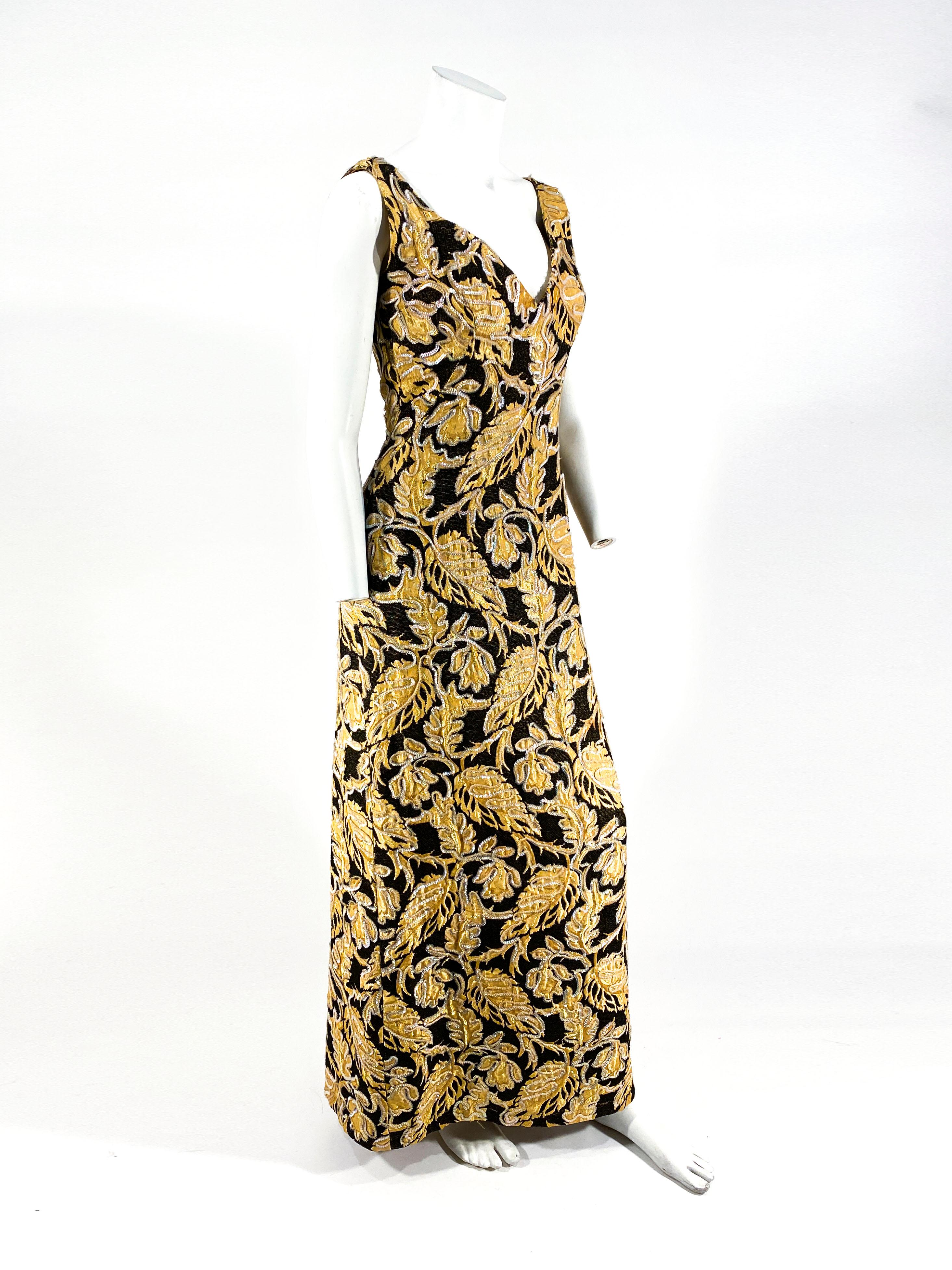 Women's 1950s/1960s Gold and Black Low-back Tapestry Gown For Sale