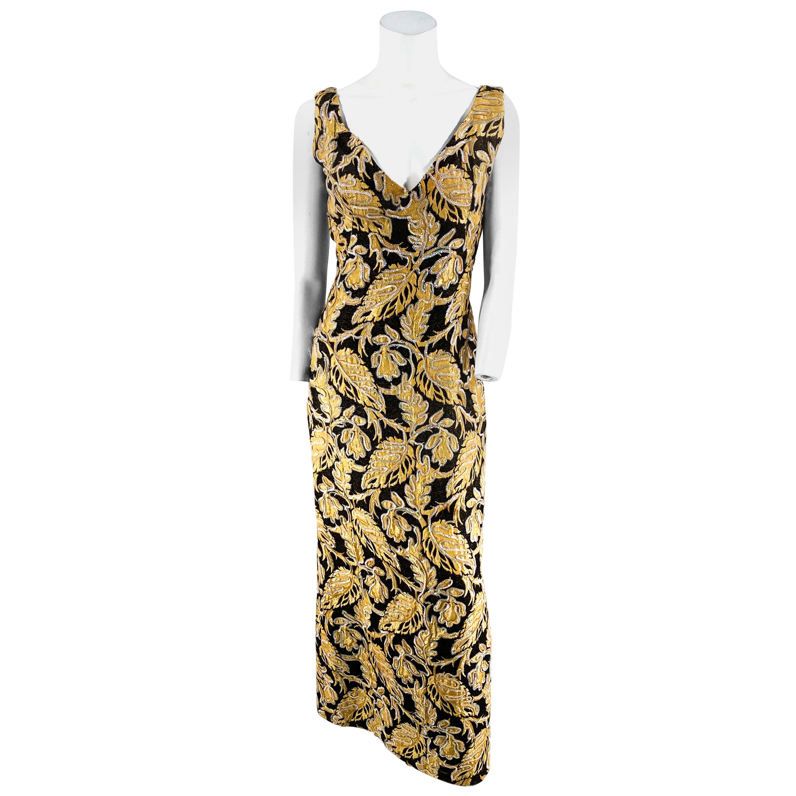 1950s/1960s Gold and Black Low-back Tapestry Gown For Sale at 1stDibs