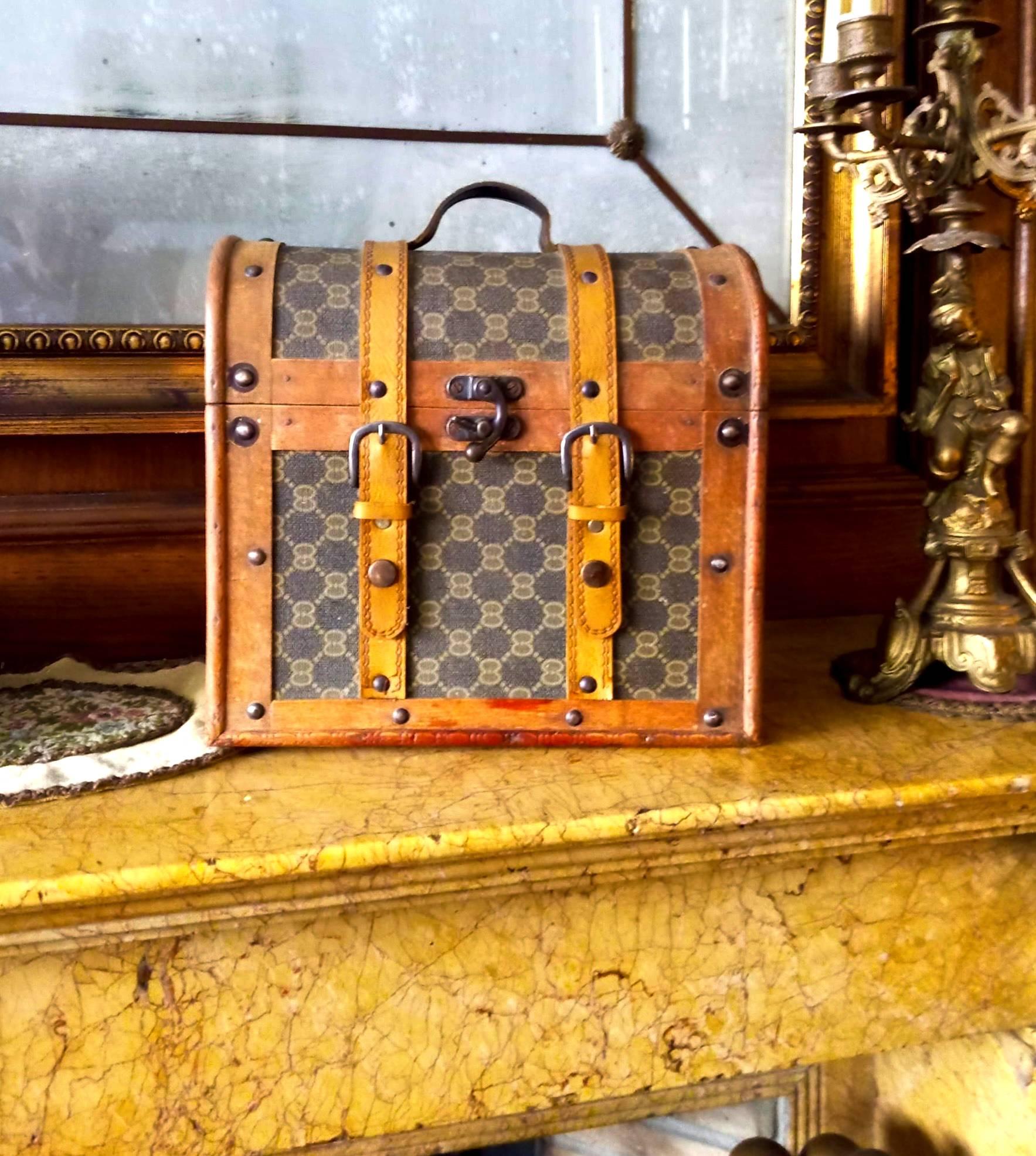 Brown 1950s Gucci Dome Top Monogram Leather Wood Travel Trunk For Sale