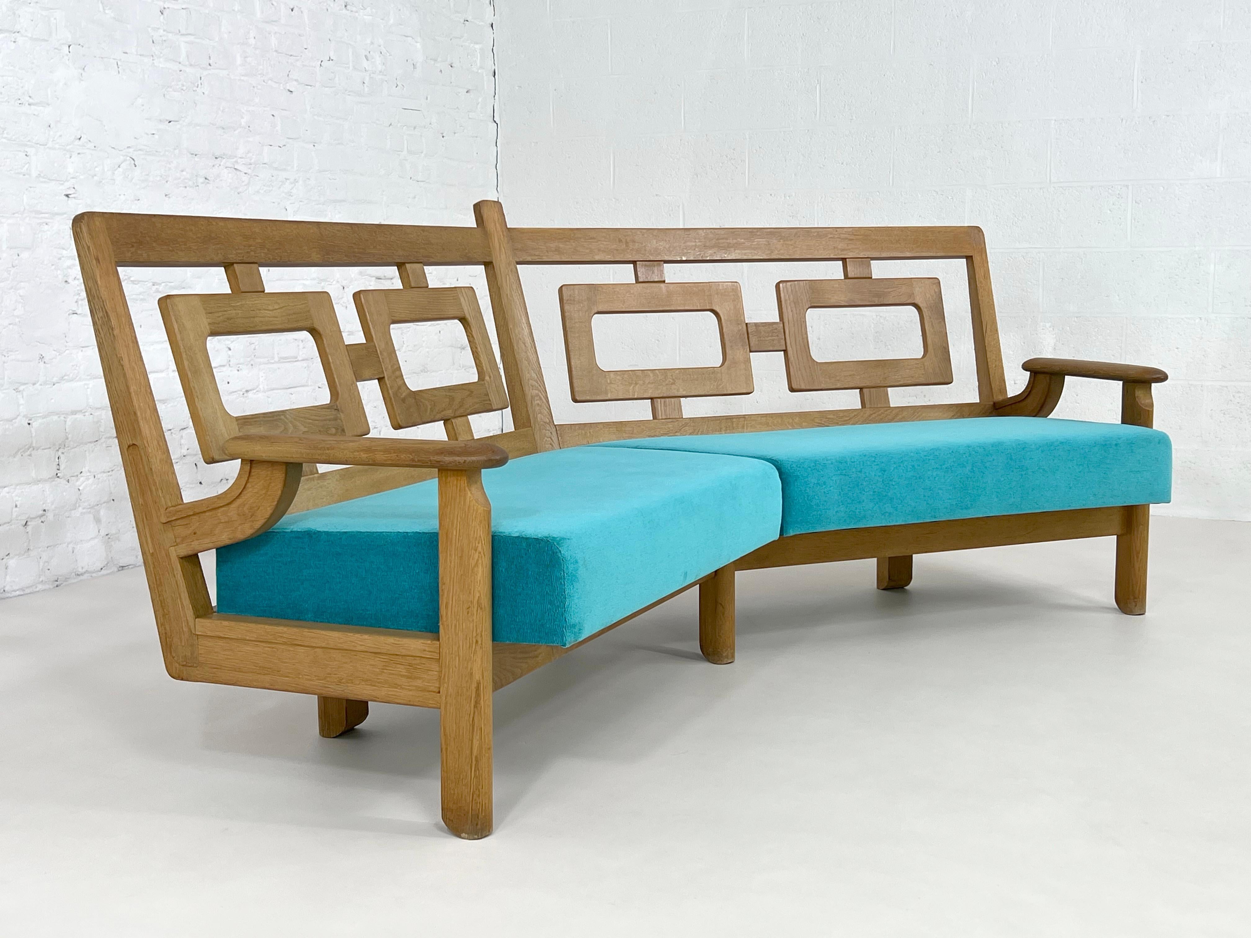 1950s - 1960s Guillerme et Chambron French Design Oak Wood Angular Curved Sofa 