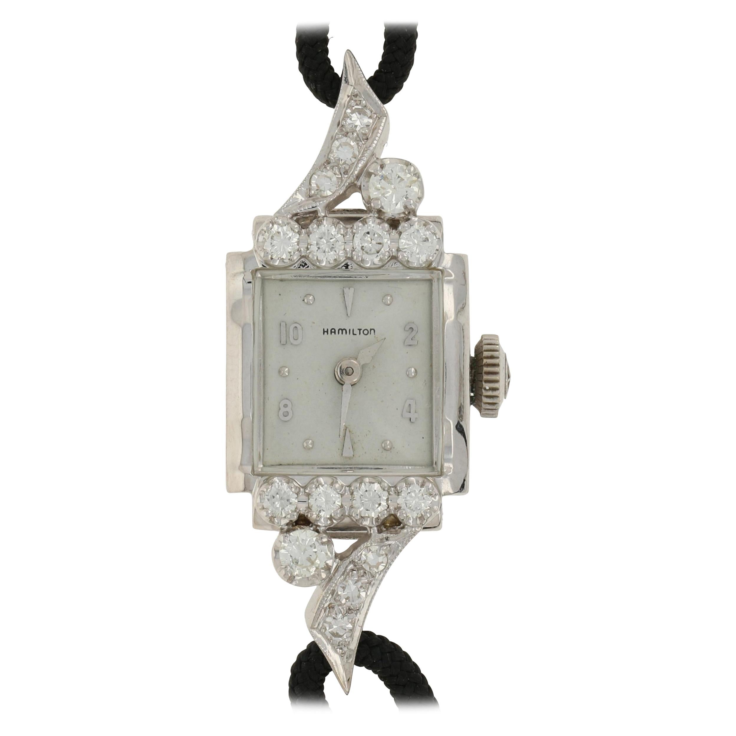 1950s-1960s Hamilton Diamond Ladies Watch, 14k Gold 2 Year Warranty .62 Carat