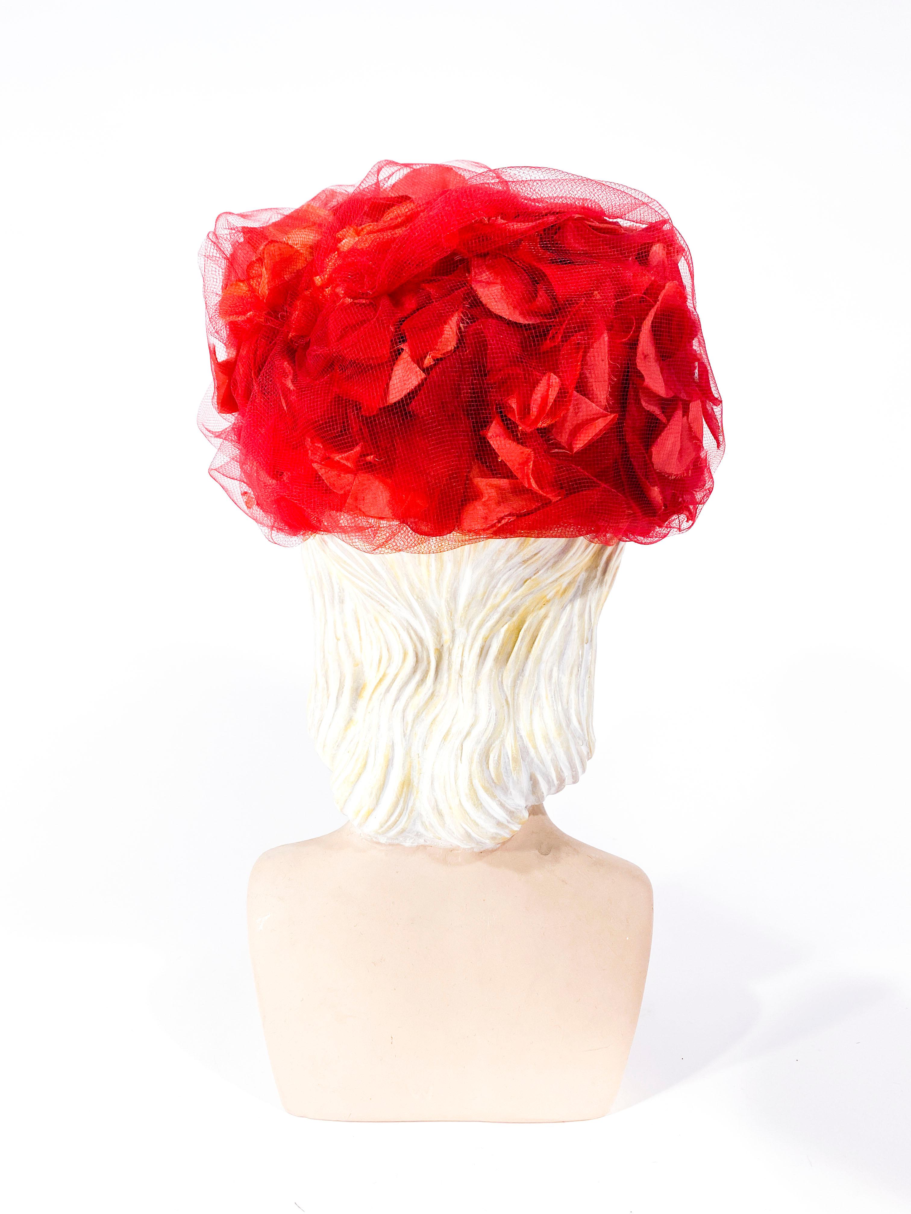 Gray 1950s/1960s I. Magnin Red Floral and Tulle Hat