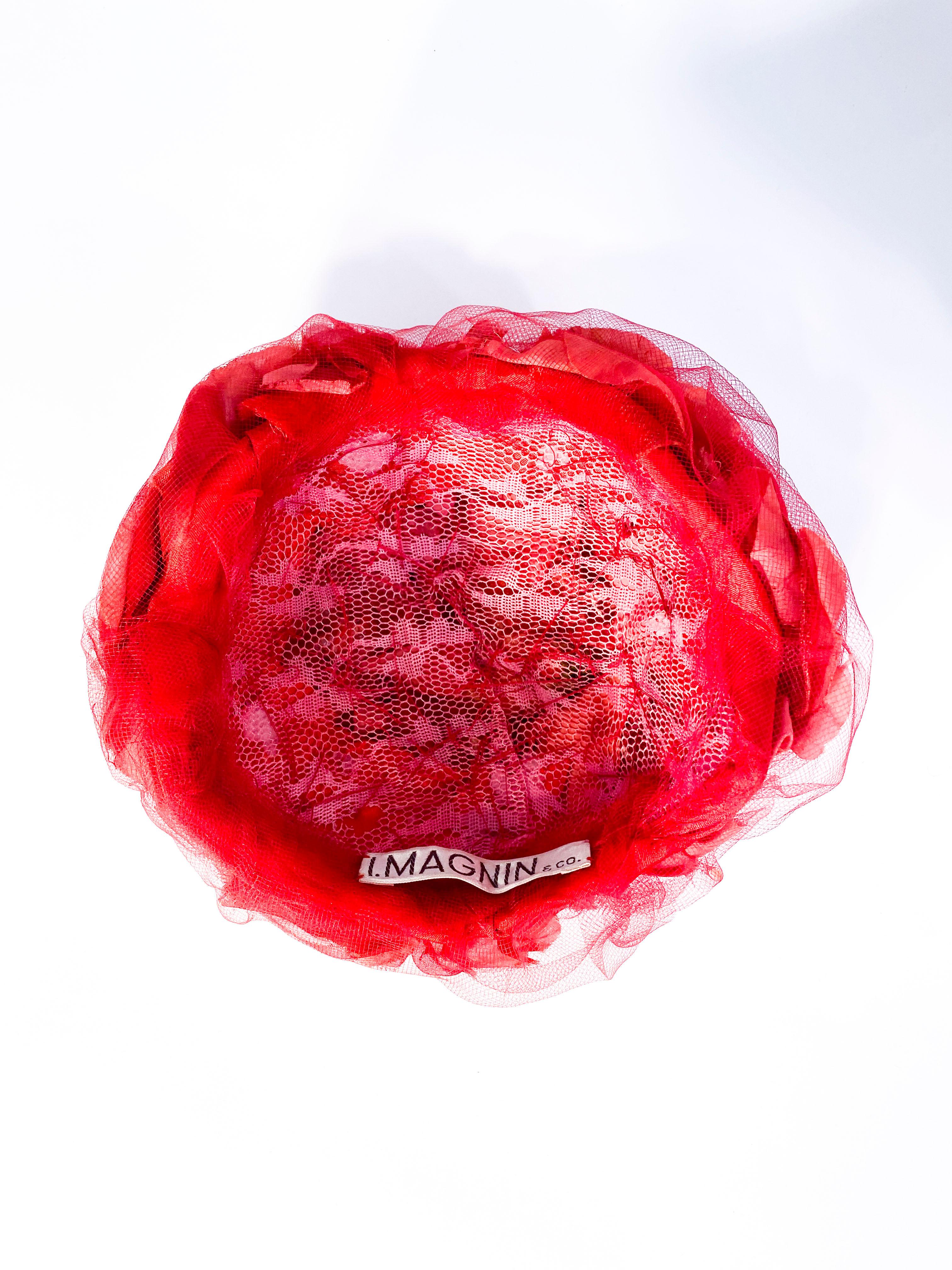 Women's 1950s/1960s I. Magnin Red Floral and Tulle Hat