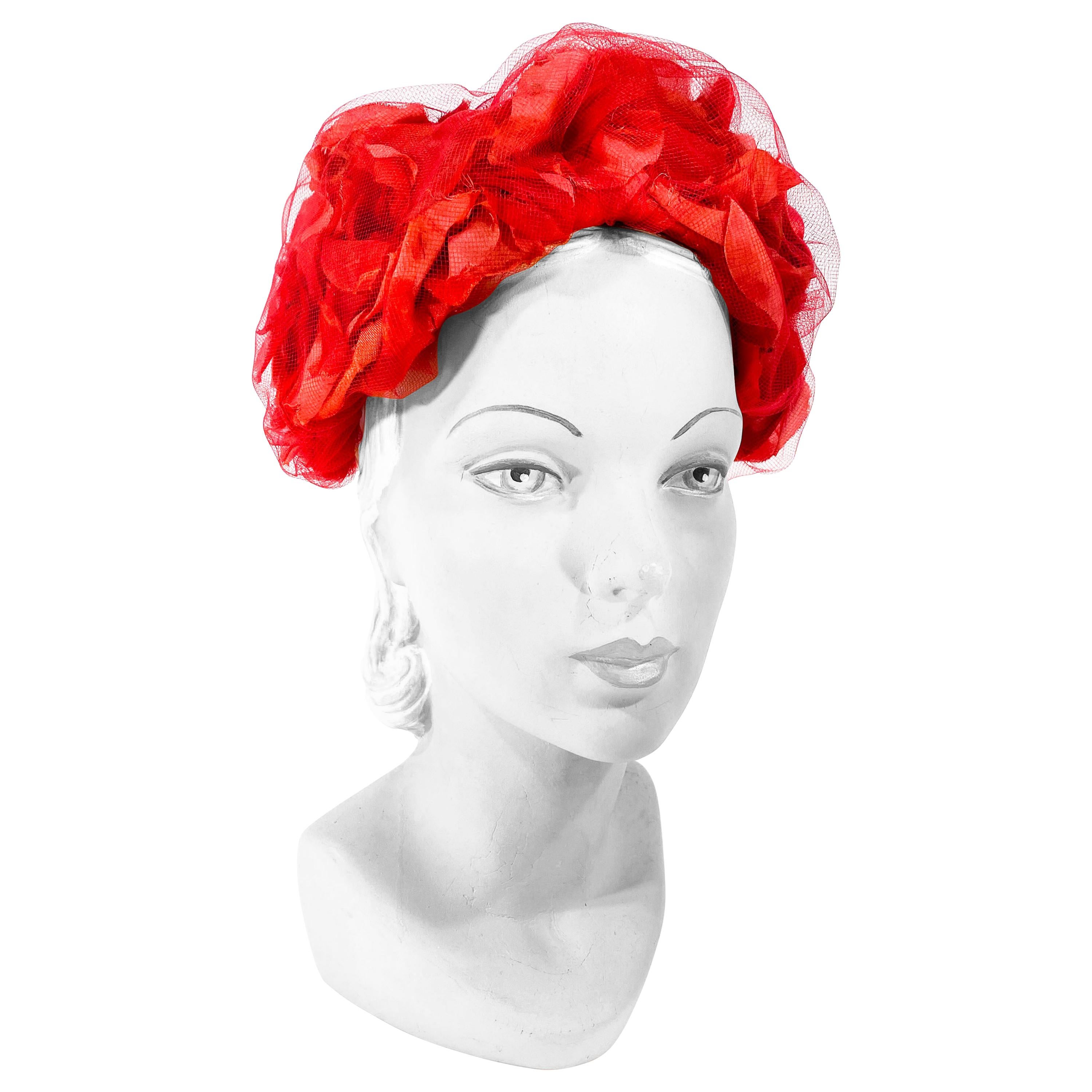 1950s/1960s I. Magnin Red Floral and Tulle Hat