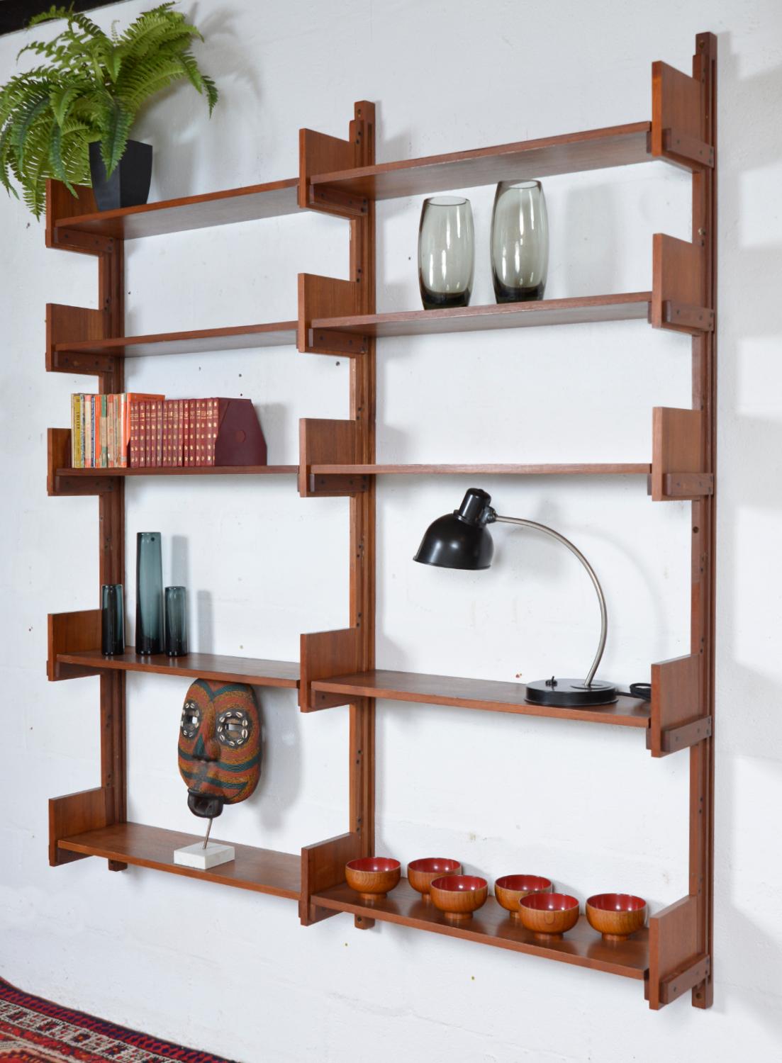 1950s 1960s Italian Teak Modular Shelving System Brutalist Bookcase 10 Shelves  1