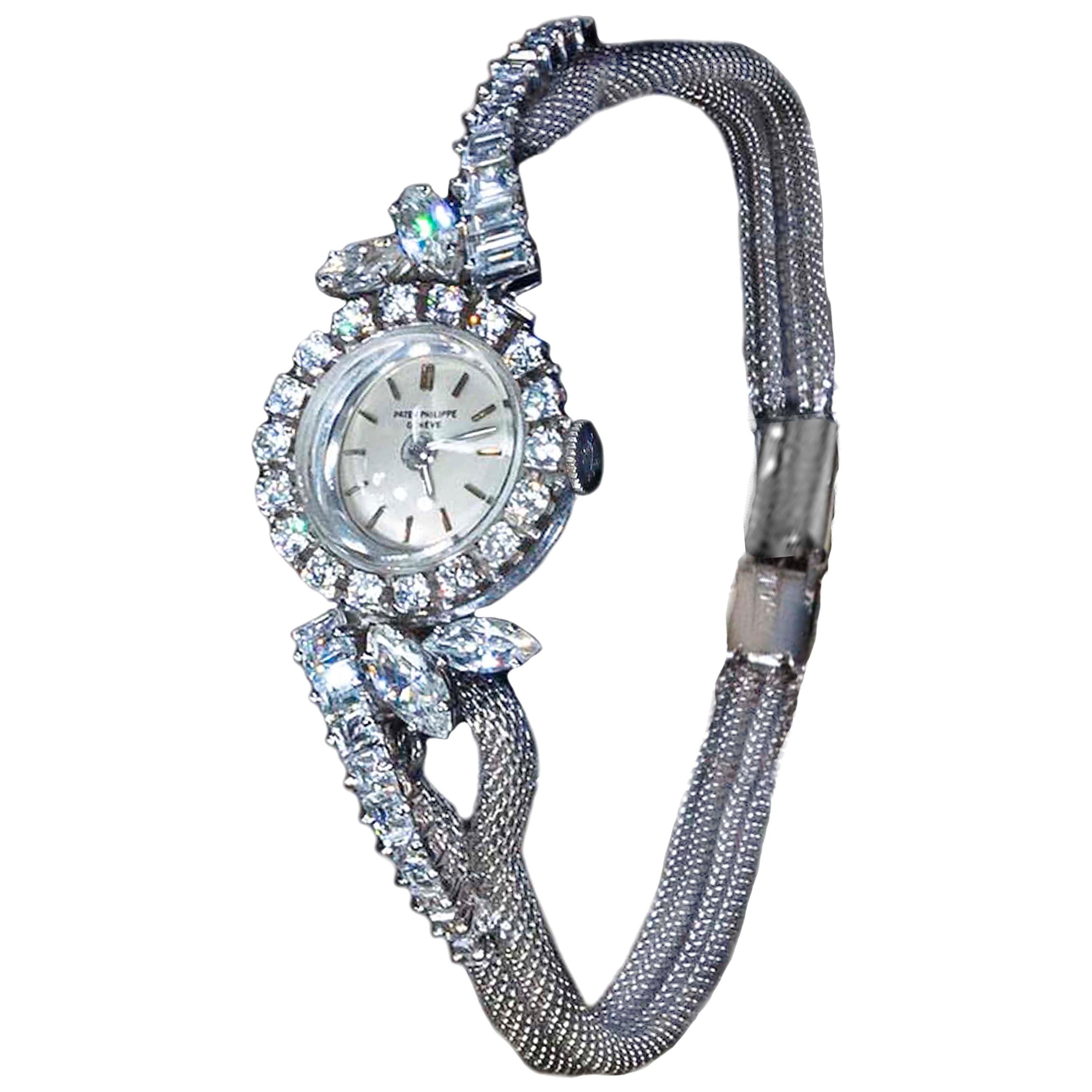 1950s-1960s Patek Philippe Platinum Triple Diamond Twist Motif Bracelet Watch