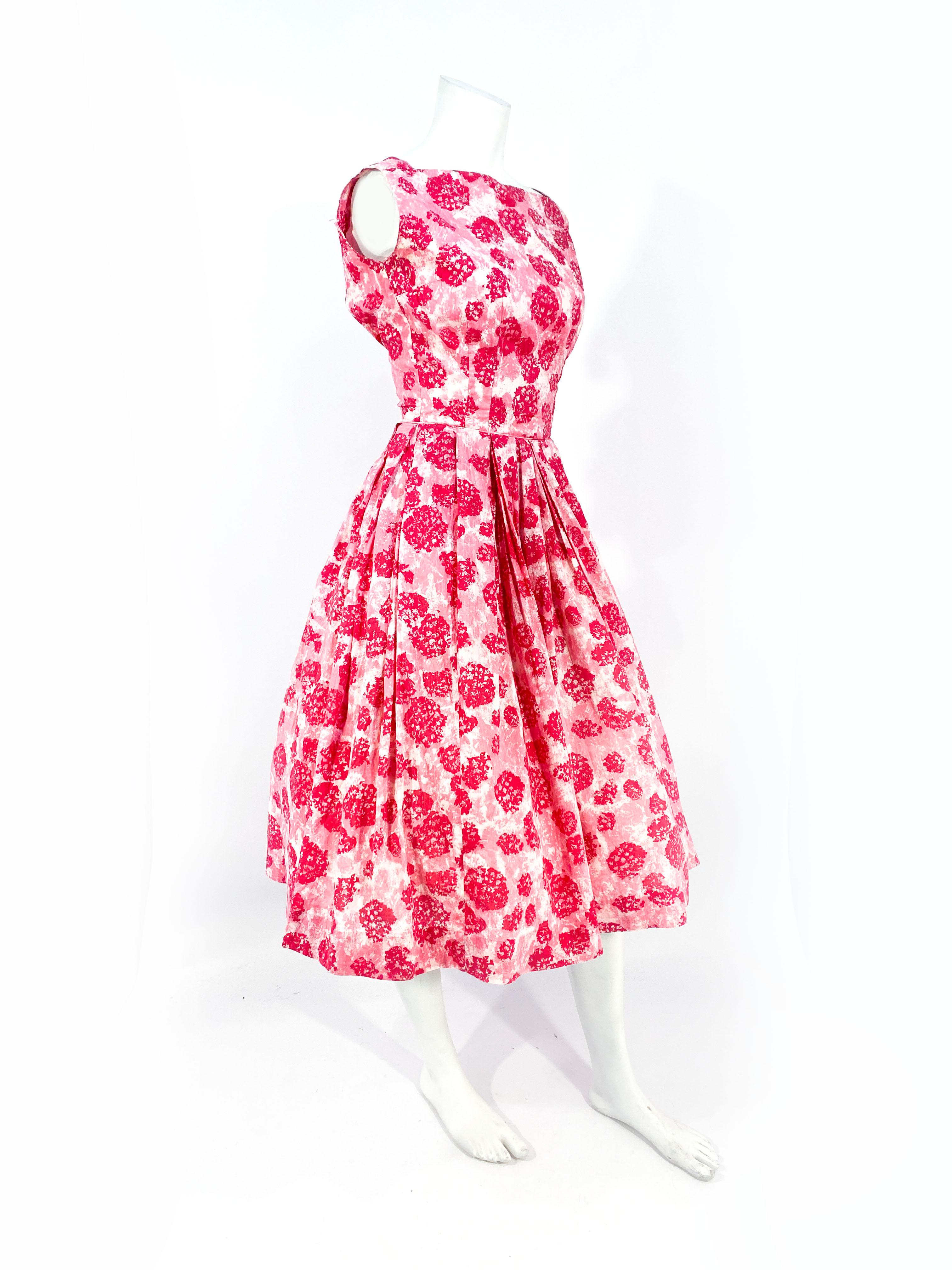 1950s/1960s Pink Cotton Day Dress with Abstract Floral Print In Good Condition In San Francisco, CA