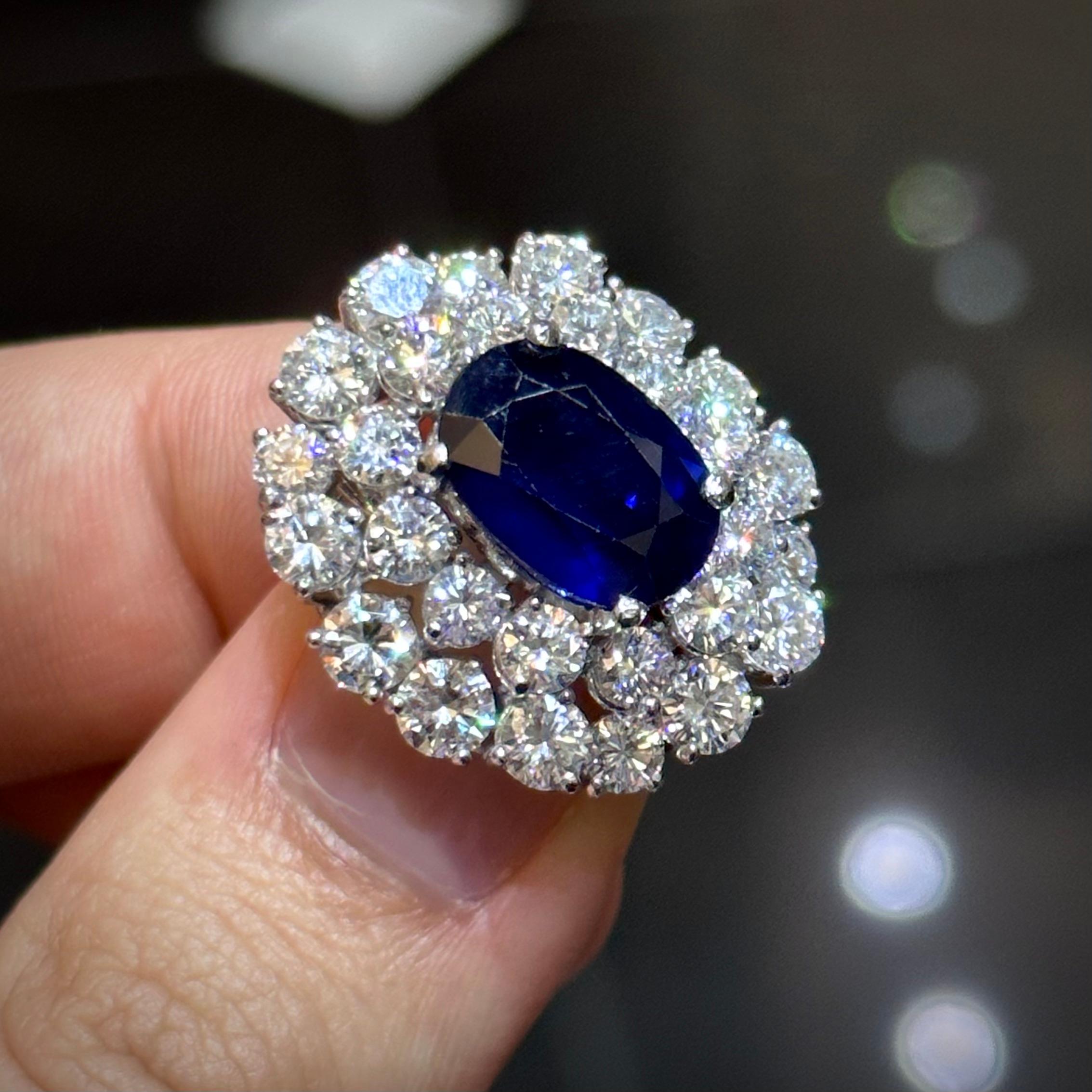 Women's or Men's 1950s/1960s Royal Blue Sapphire Diamond Cluster Earrings Platinum Gold French For Sale