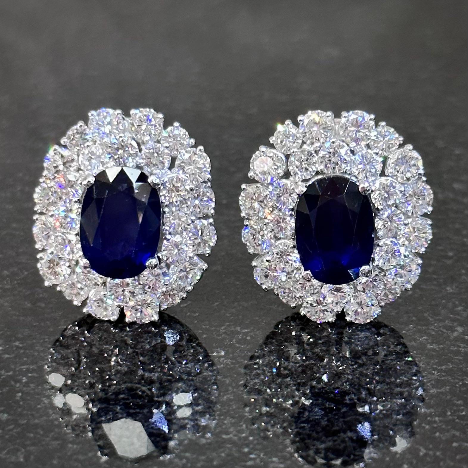 1950s/1960s Royal Blue Sapphire Diamond Cluster Earrings Platinum Gold French For Sale 1