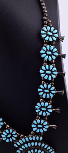 1950s - 1960s Sterling Silver Zuni Squash Blossom Natural Turquoise Necklace