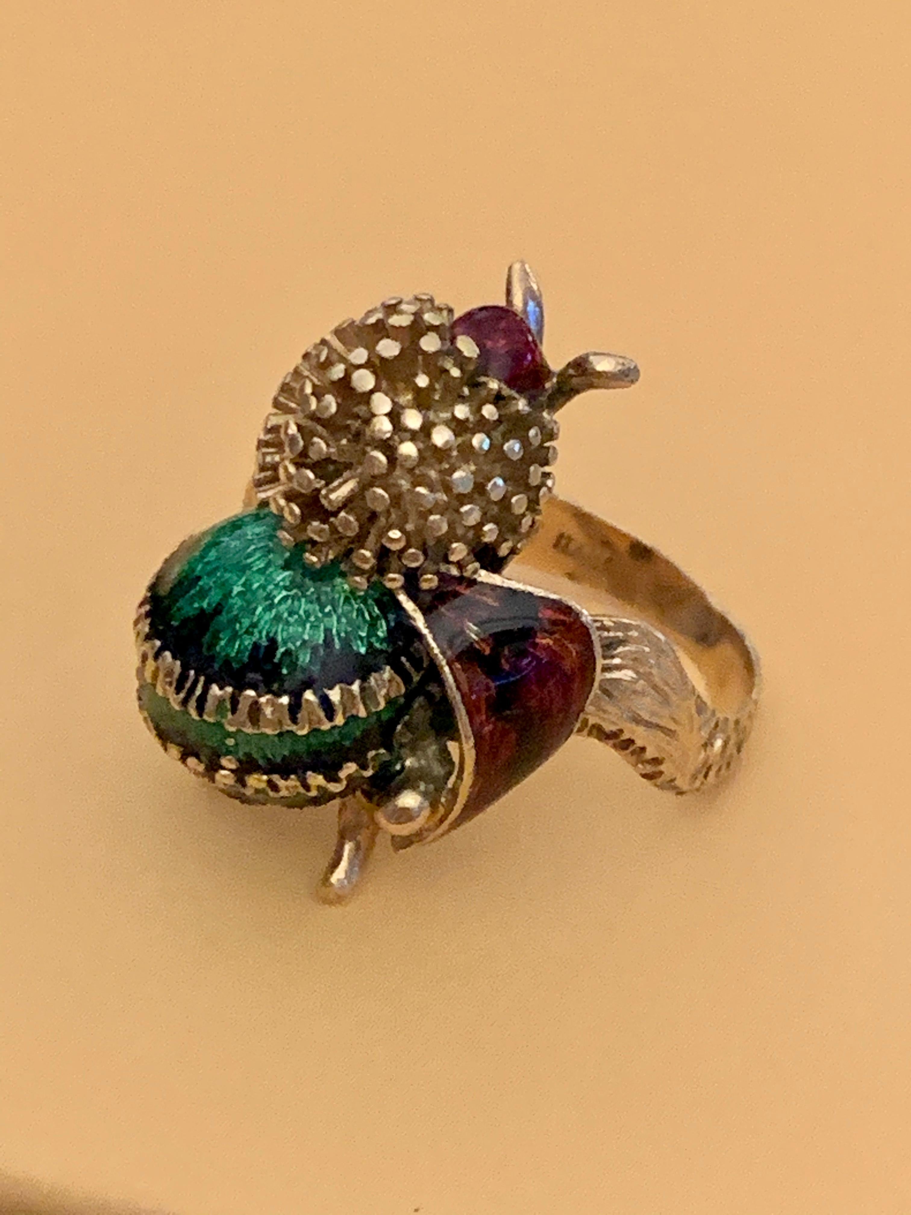 1950s-1960s Vintage Corletto Signed Enameled Bee 18 Karat Yellow Gold Ring 1