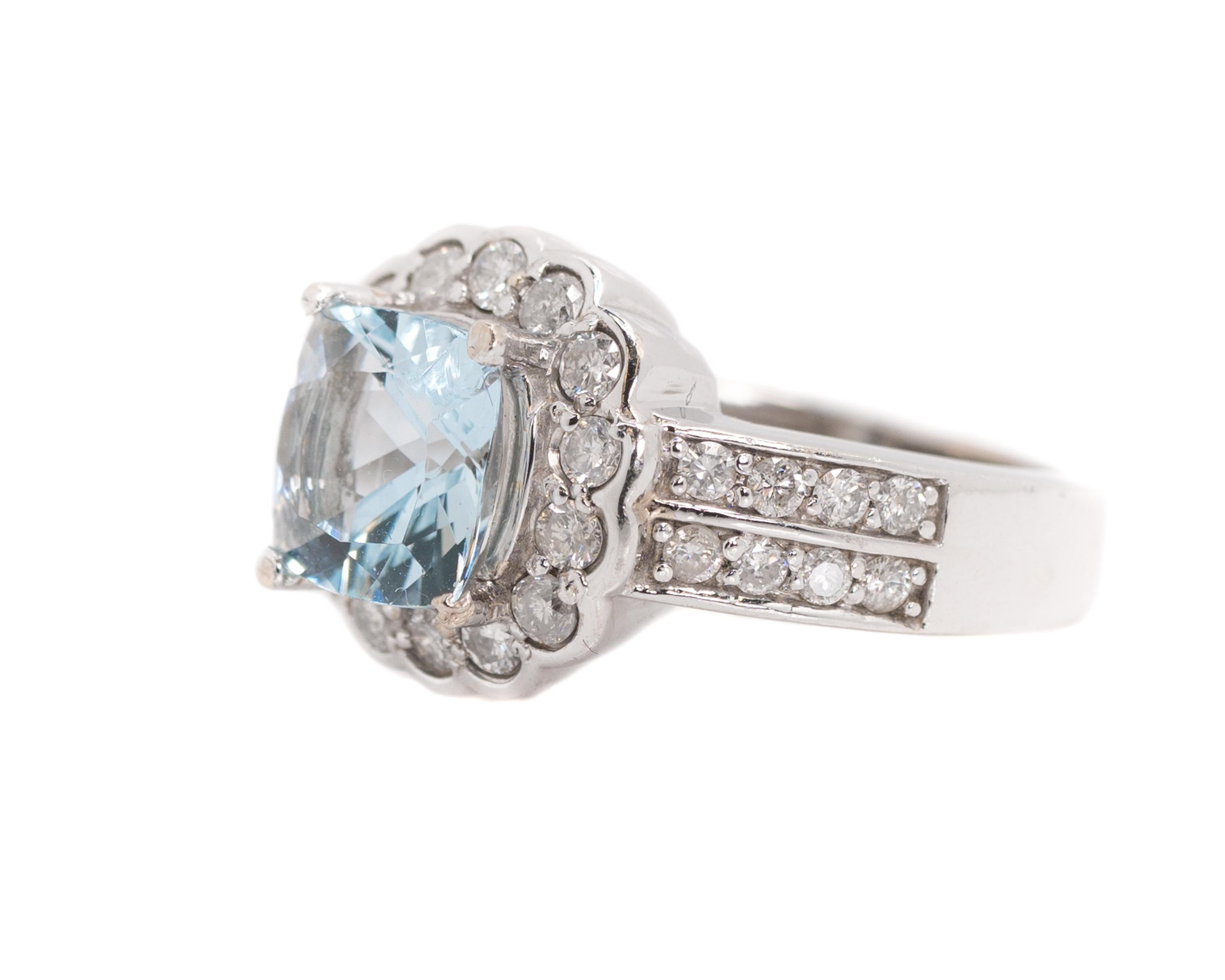 Retro 1950s 2 Carat Aquamarine and 2 Carat Diamond Halo, 14 Karat Gold Ring