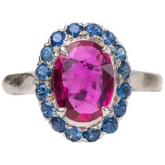 1950s 2 Carat Burma Ruby with Ceylon Sapphire Halo 14 Karat White Gold Ring
