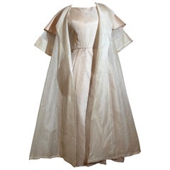 1950s 2-Piece Demure Organza Dress & Sheer Full Length Swing Coat w Large Collar