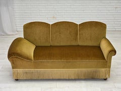 1950s, 2 seater sofa/daybed, light green furniture velour, ash wood legs.