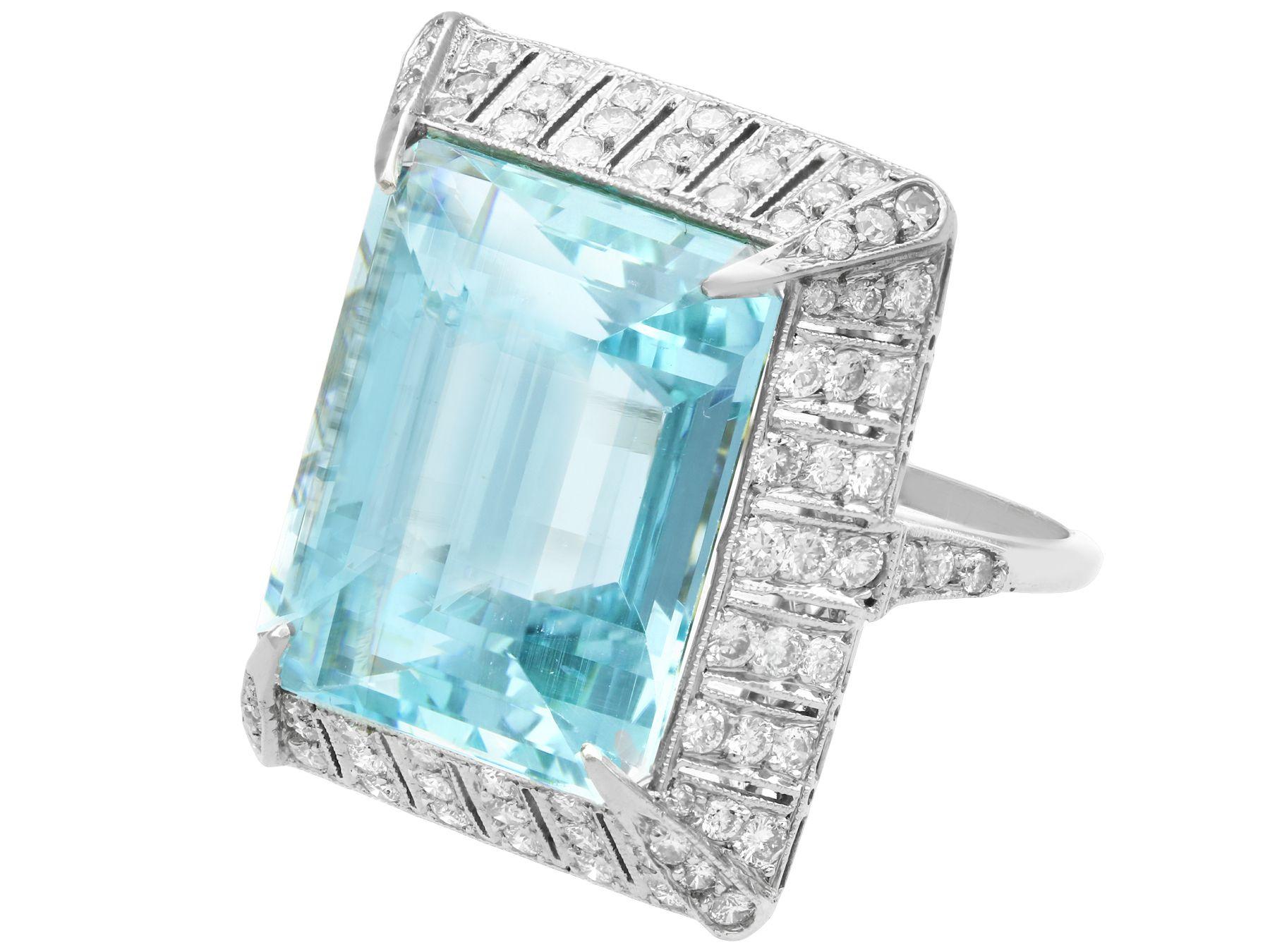 1950s 20.50Ct Emerald Cut Aquamarine and 2.15Ct Diamond Platinum Cocktail Ring In Excellent Condition For Sale In Jesmond, Newcastle Upon Tyne