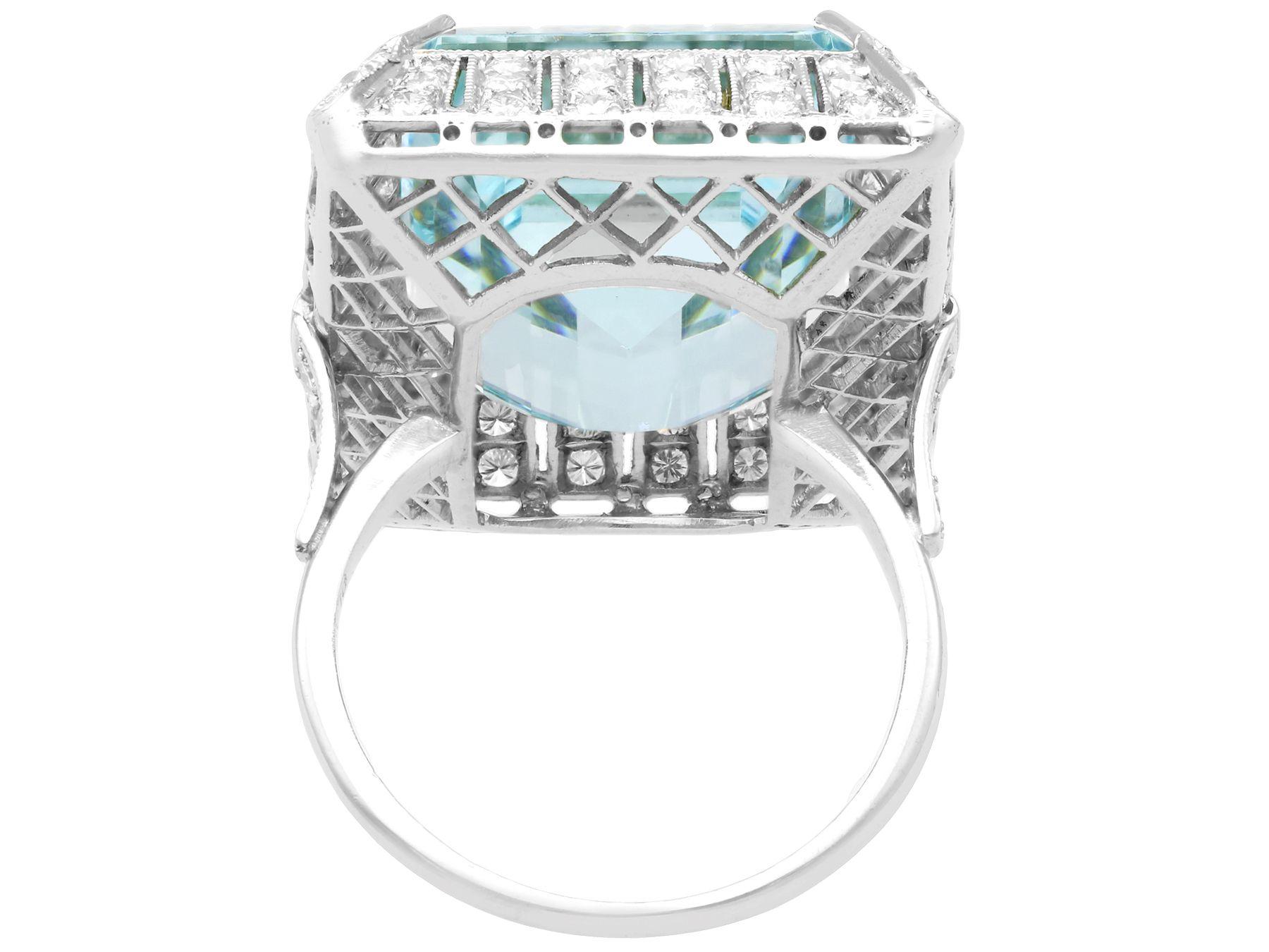 Women's or Men's 1950s 20.50Ct Emerald Cut Aquamarine and 2.15Ct Diamond Platinum Cocktail Ring For Sale