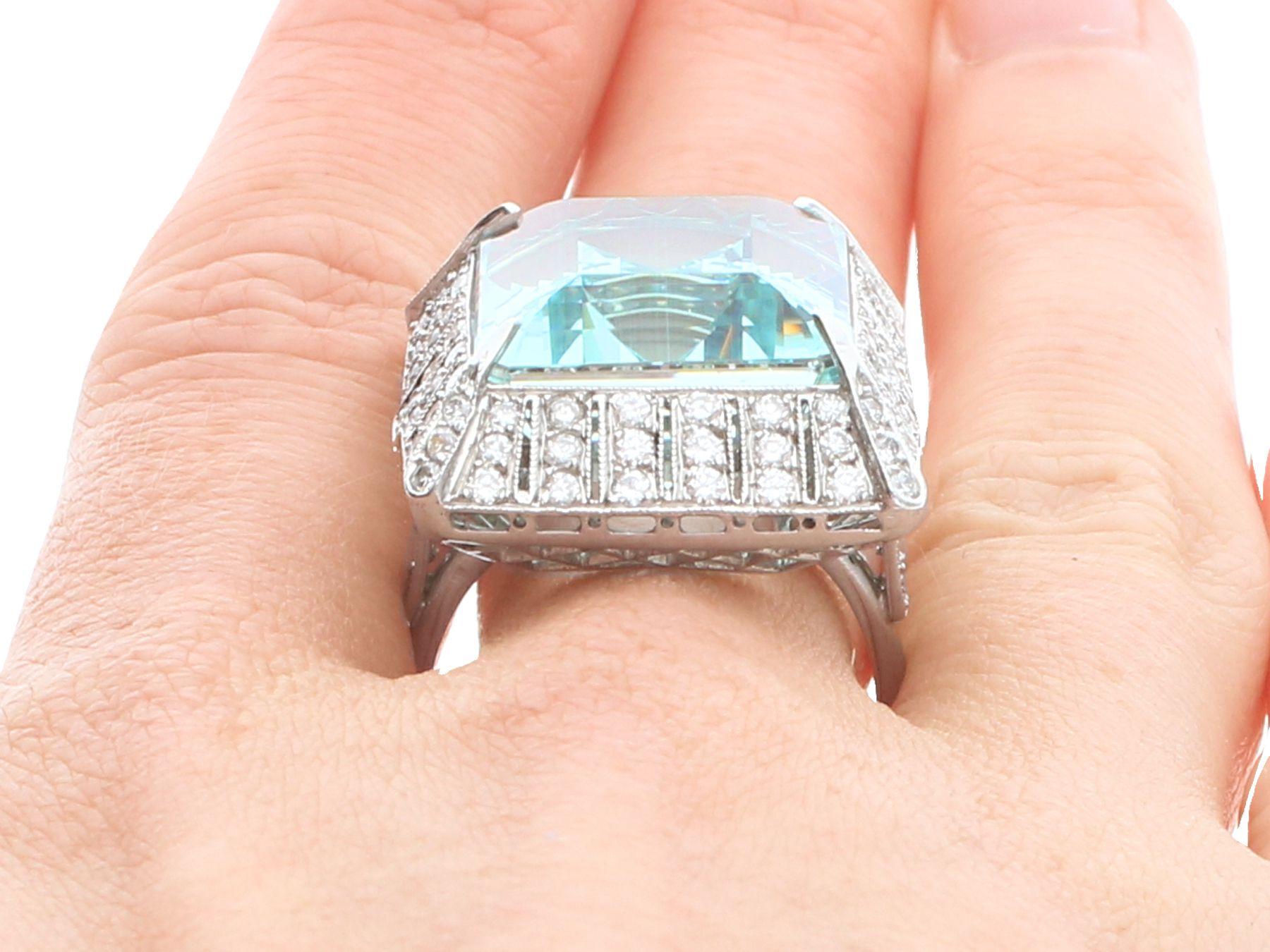 1950s 20.50Ct Emerald Cut Aquamarine and 2.15Ct Diamond Platinum Cocktail Ring For Sale 4