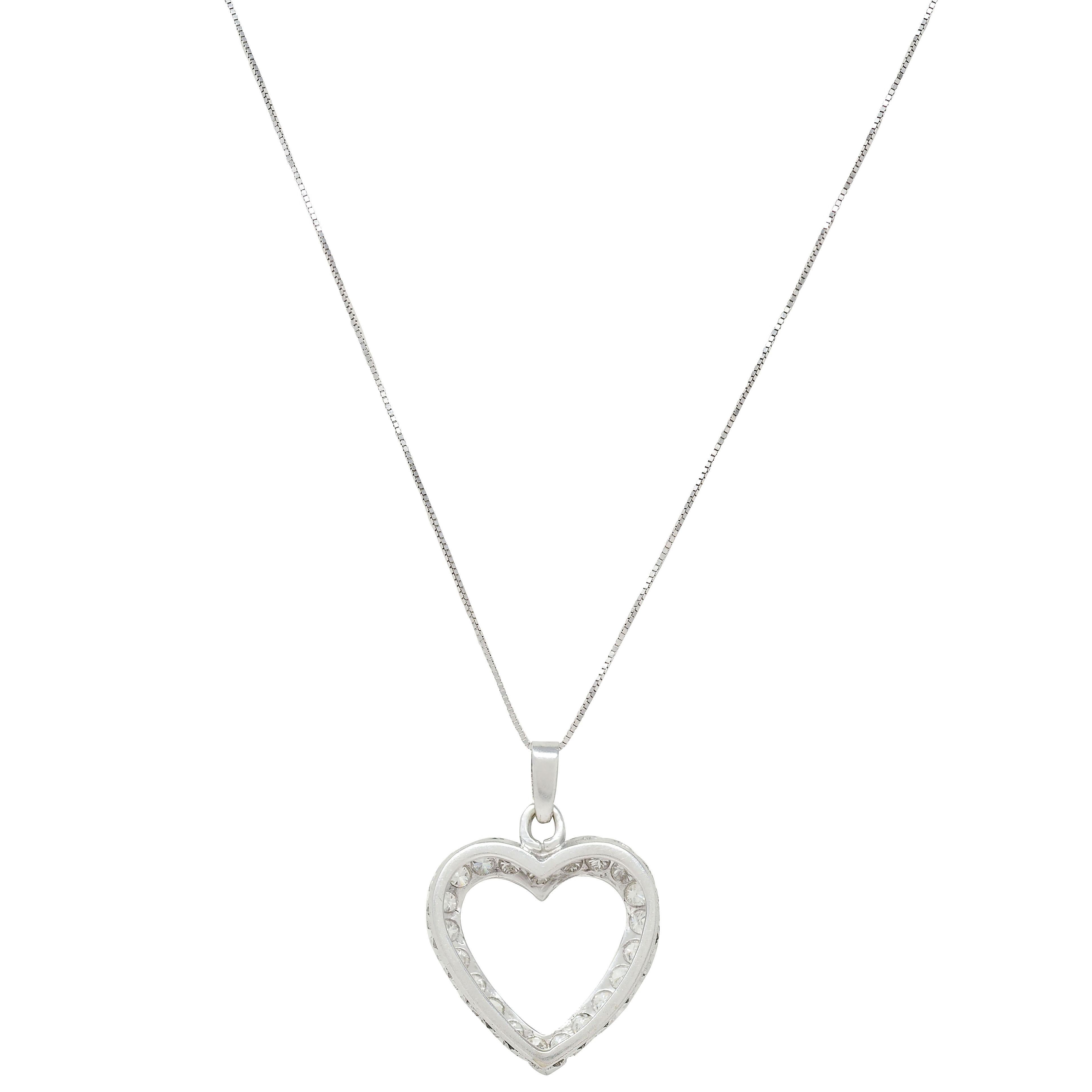 1950's 2.10 CTW Diamant 14 Karat Weißgold Vintage Herz Anhänger Halskette im Zustand „Hervorragend“ im Angebot in Philadelphia, PA